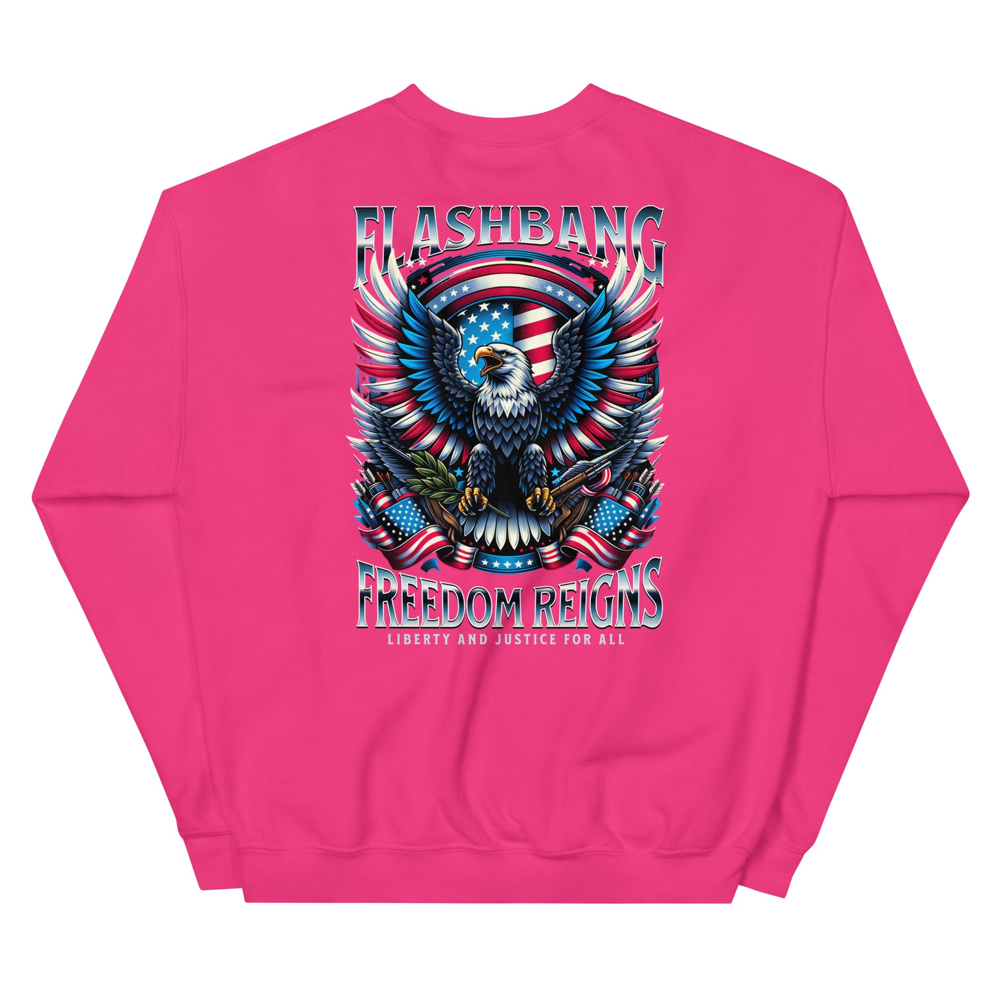 Pink sweatshirt with an eagle graphic and 'Flashbang Freedom Reigns' text on a white background