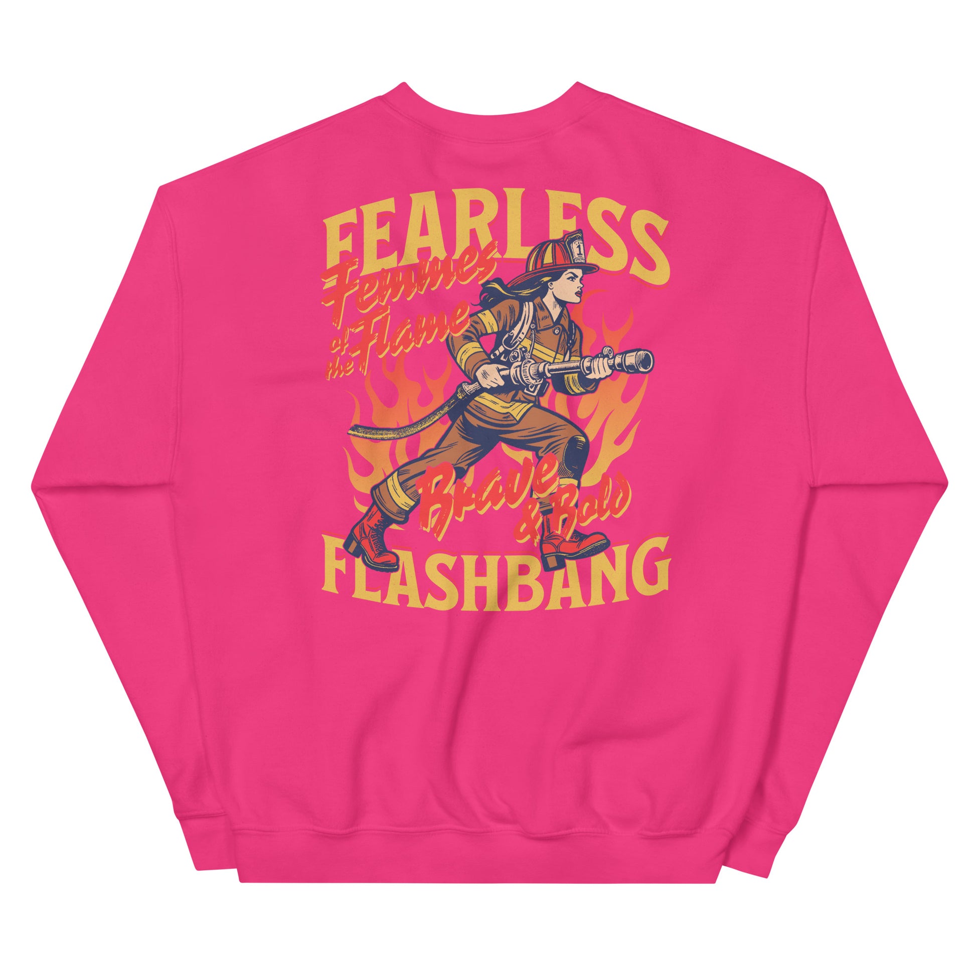 Pink sweatshirt with a graphic design of a person holding a flashbang and text on a white background