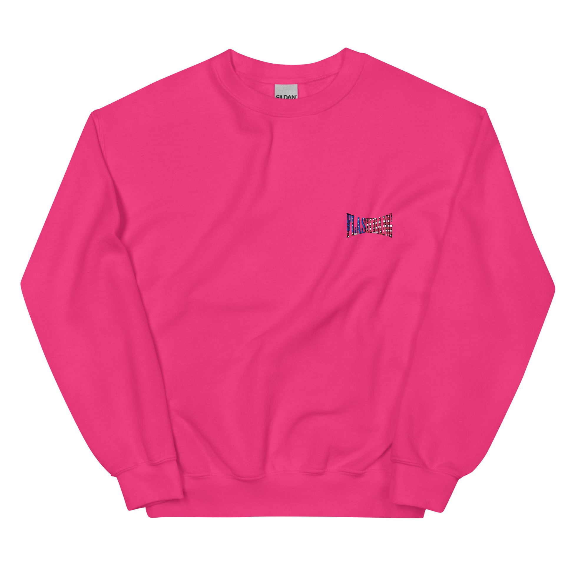 Pink sweatshirt with a small colorful patch on the chest against a white background