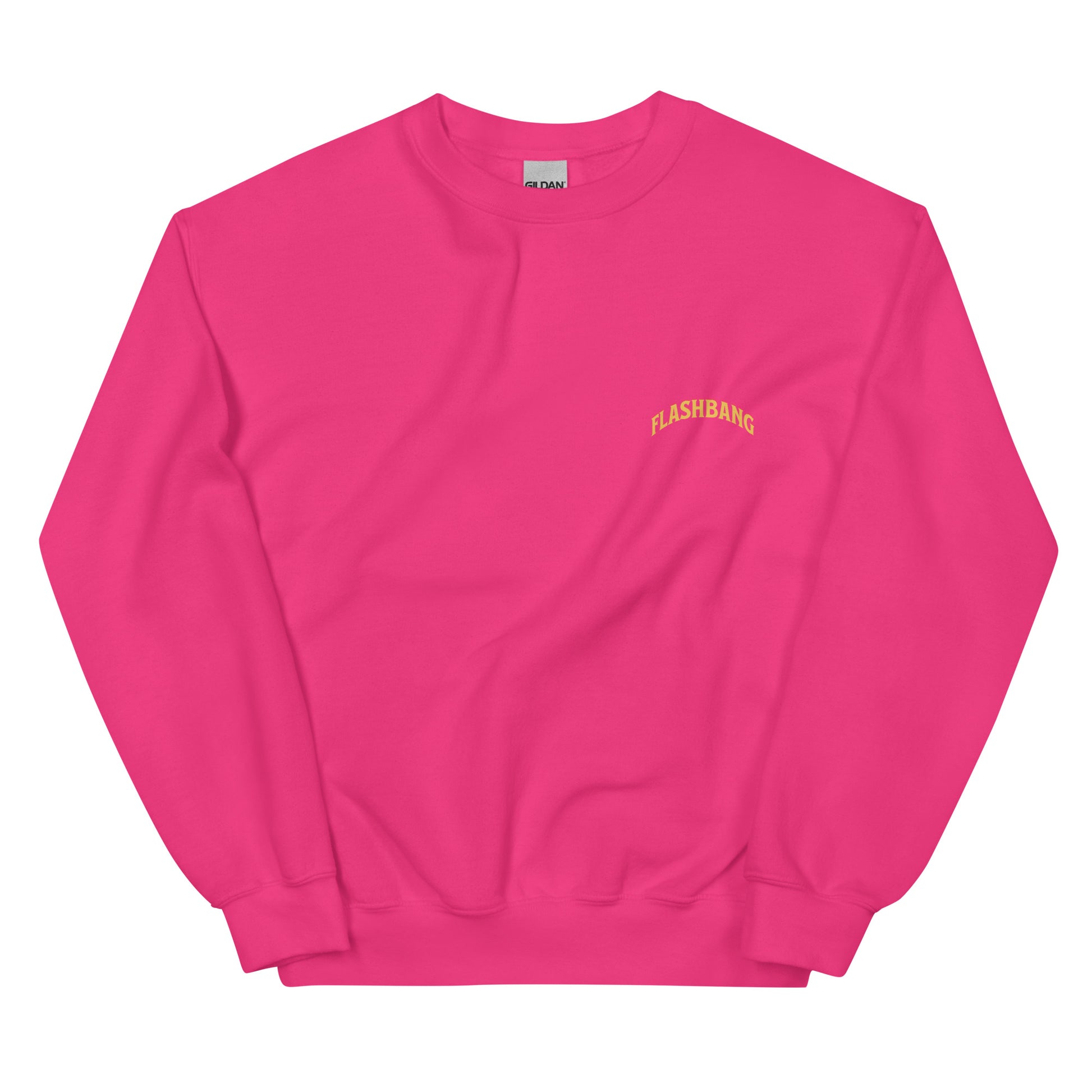 Pink sweatshirt with 'FLASHBANG' text on a white background