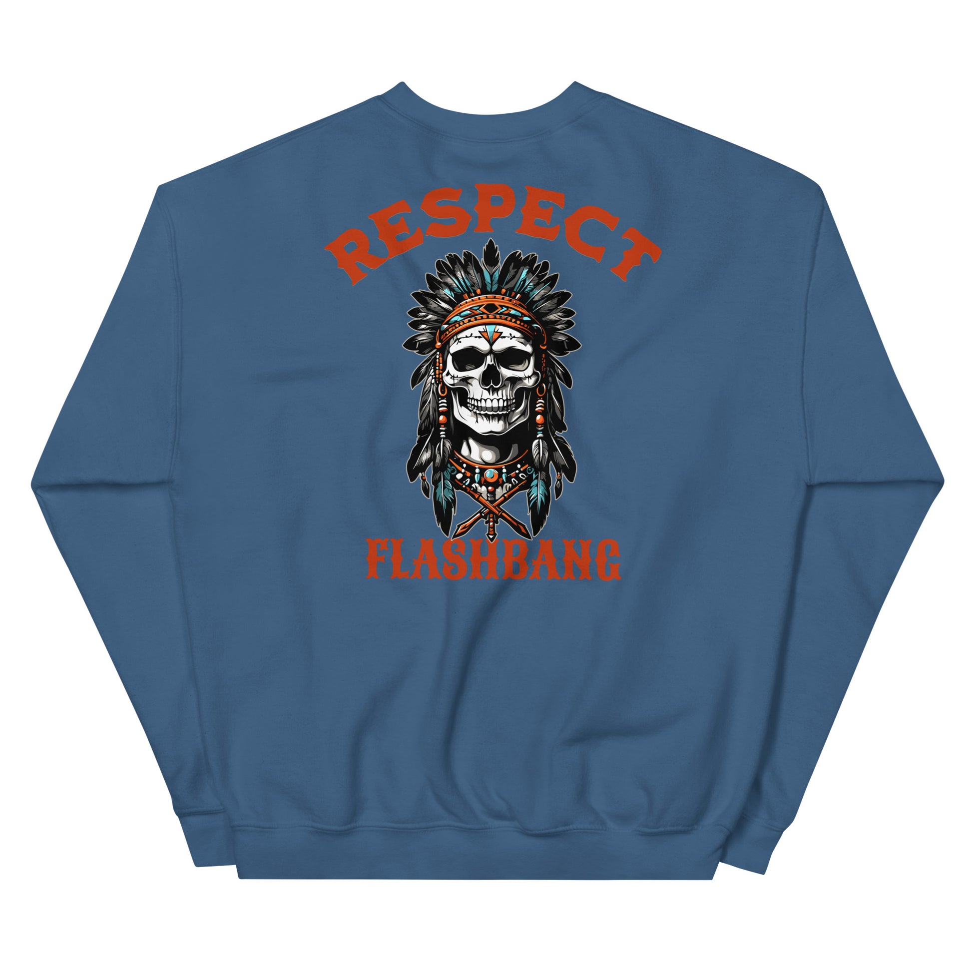 Blue sweatshirt with a skull design and 'Respect Flashbang' text on a white background
