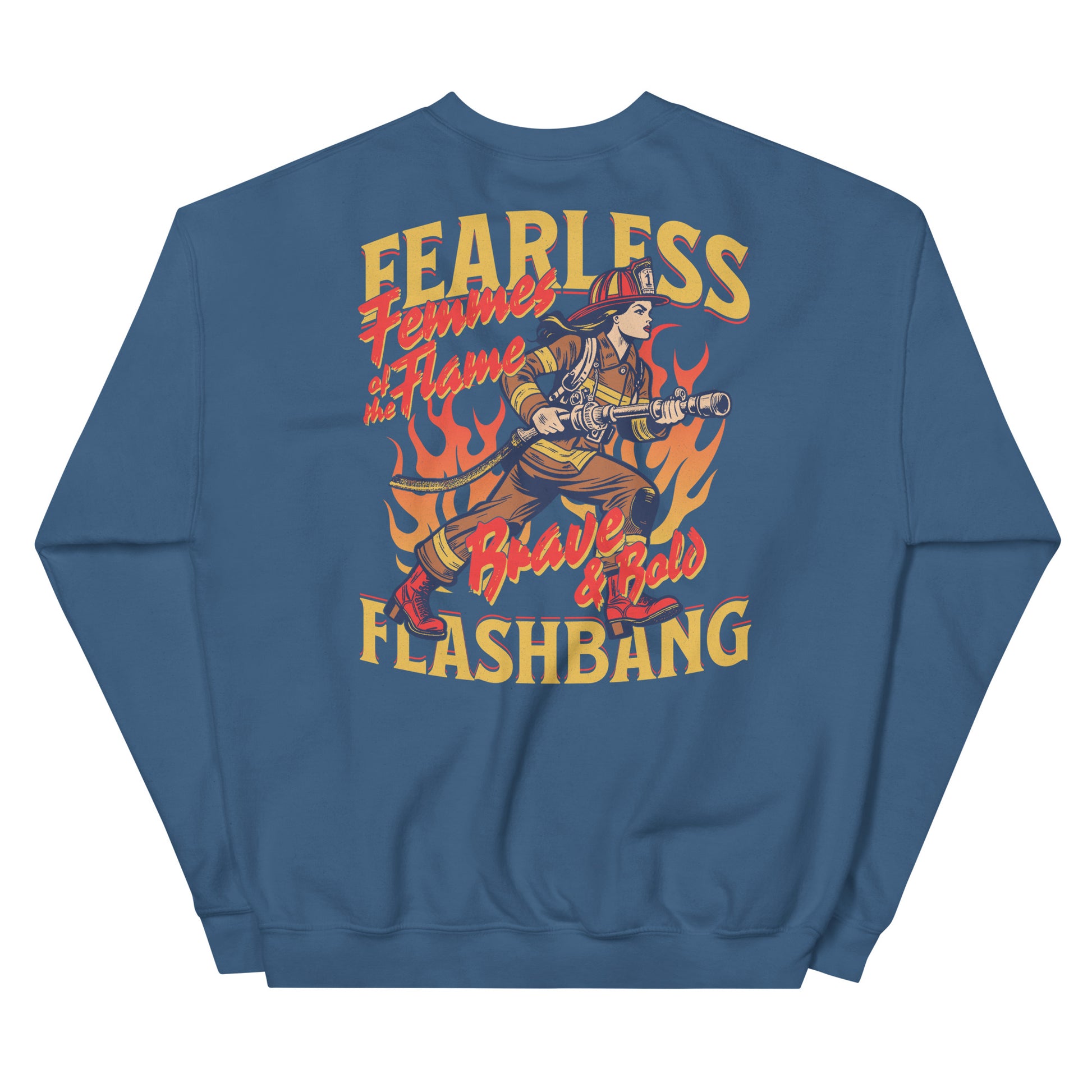 Blue sweatshirt with graphic design and text on a white background