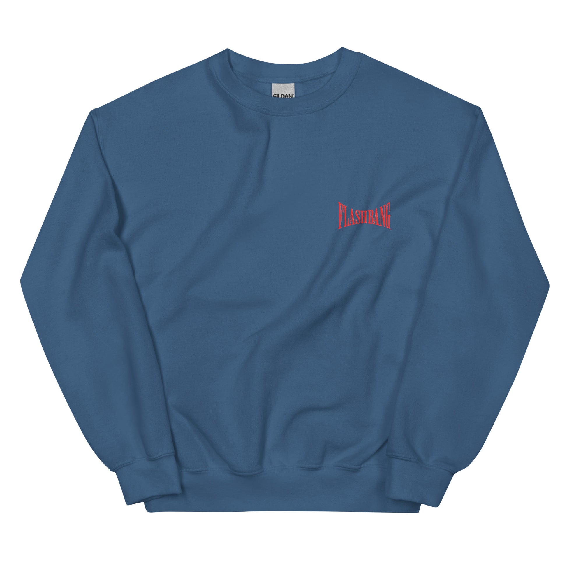 Blue sweatshirt with a red logo on a white background