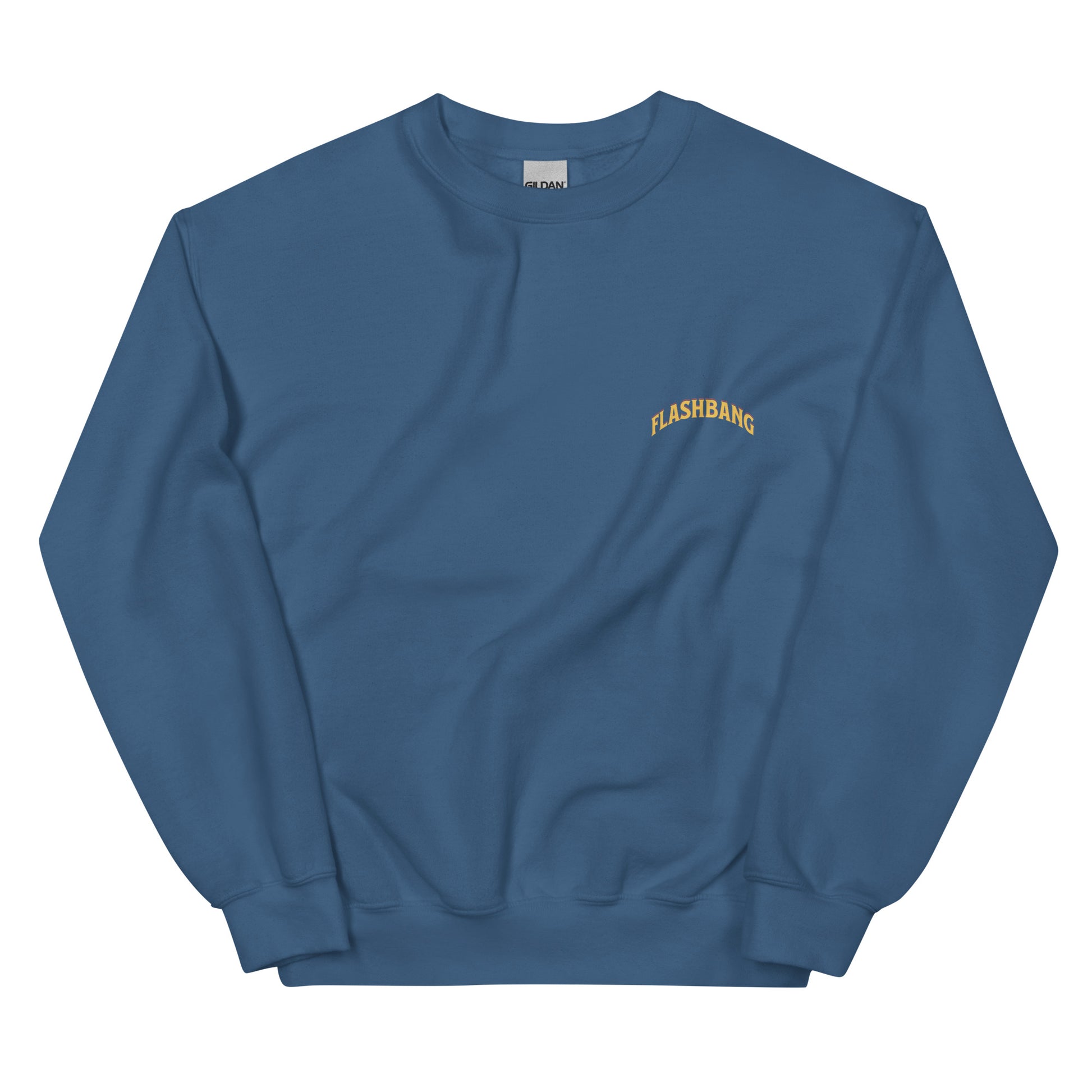 Blue sweatshirt with 'FLASHBANG' text on a white background