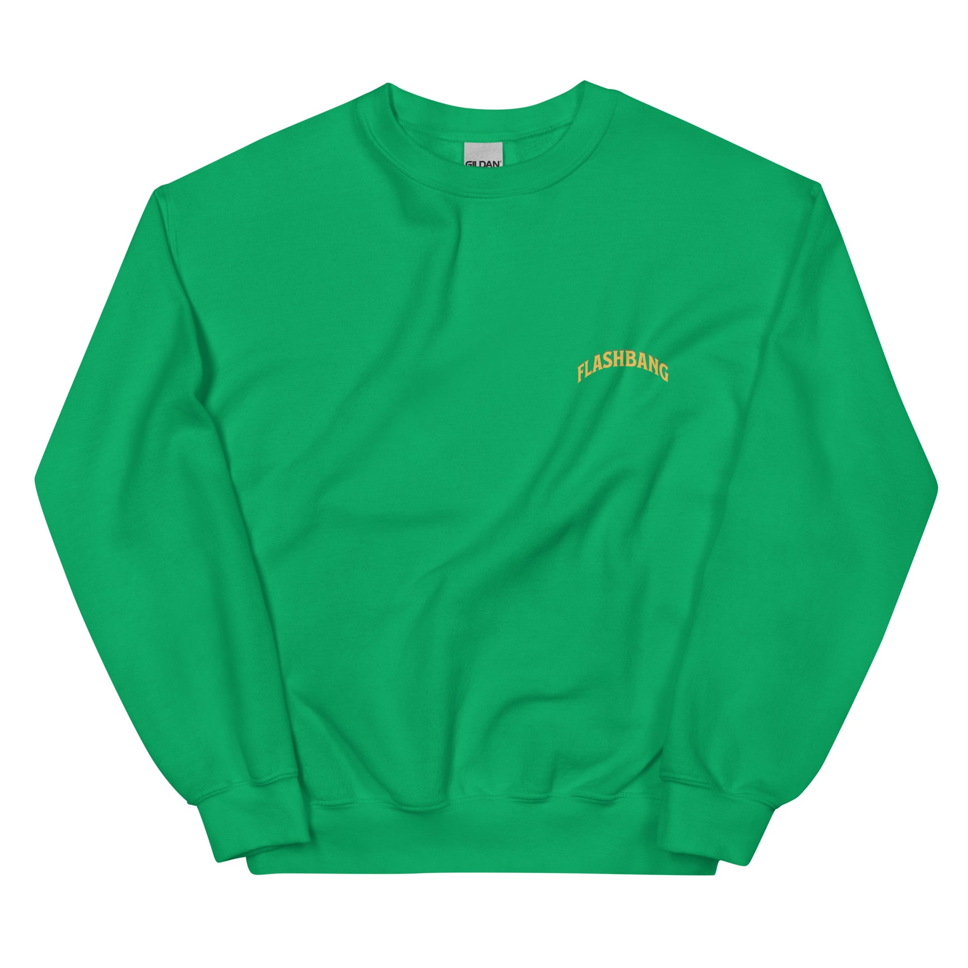 Green sweatshirt with 'Flashbang' text on a white background