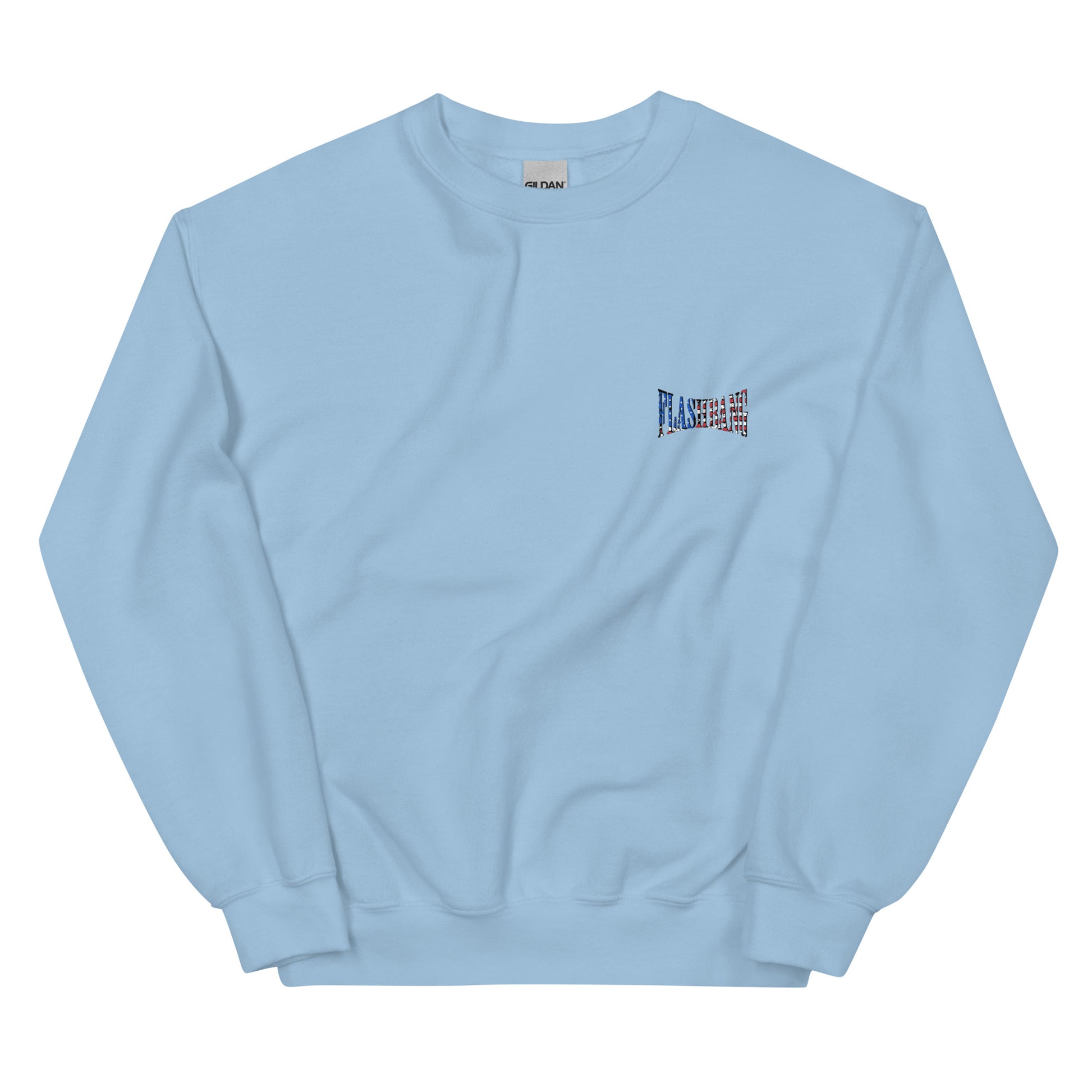 Light blue sweatshirt with a small logo on the chest against a white background