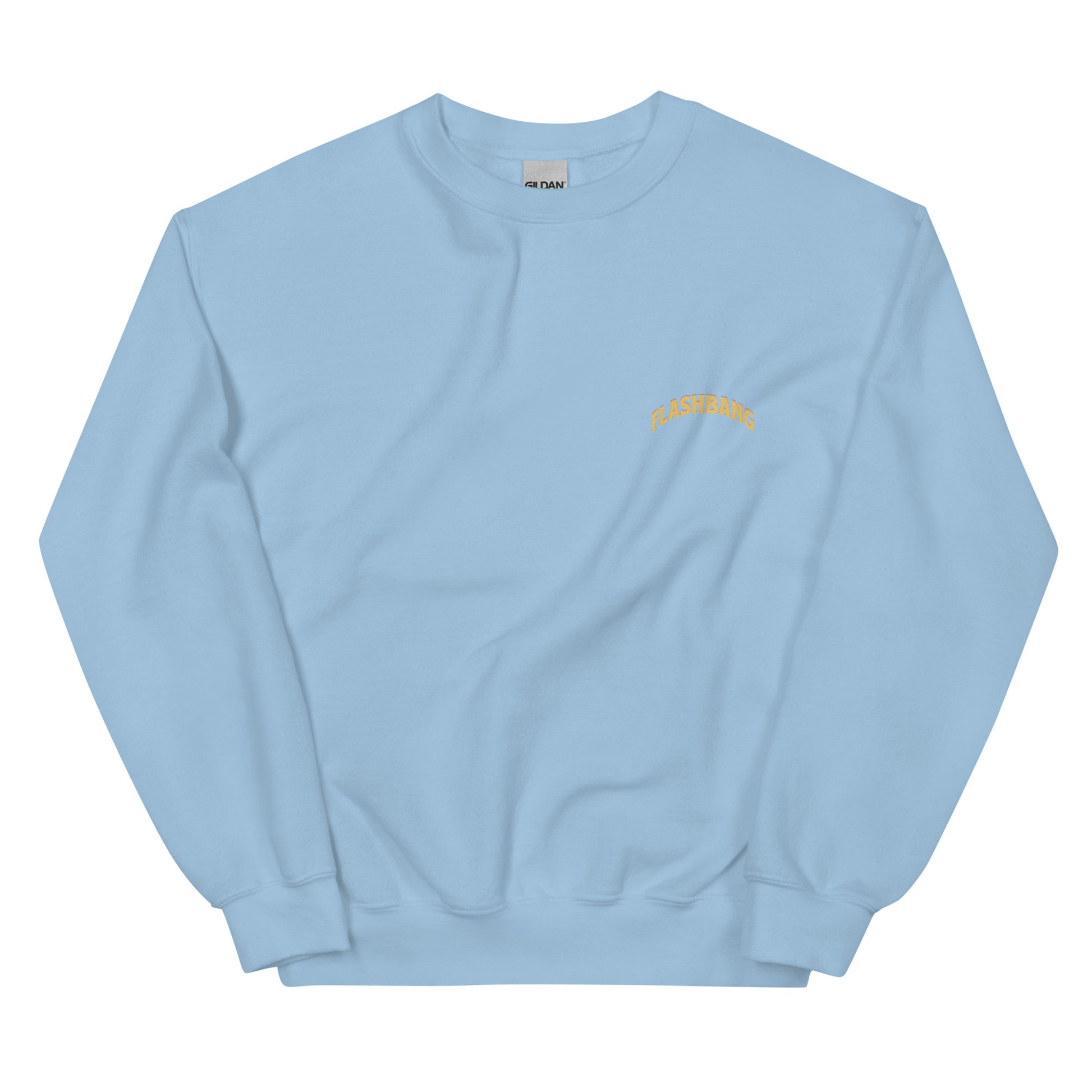 Light blue sweatshirt with yellow text on a white background