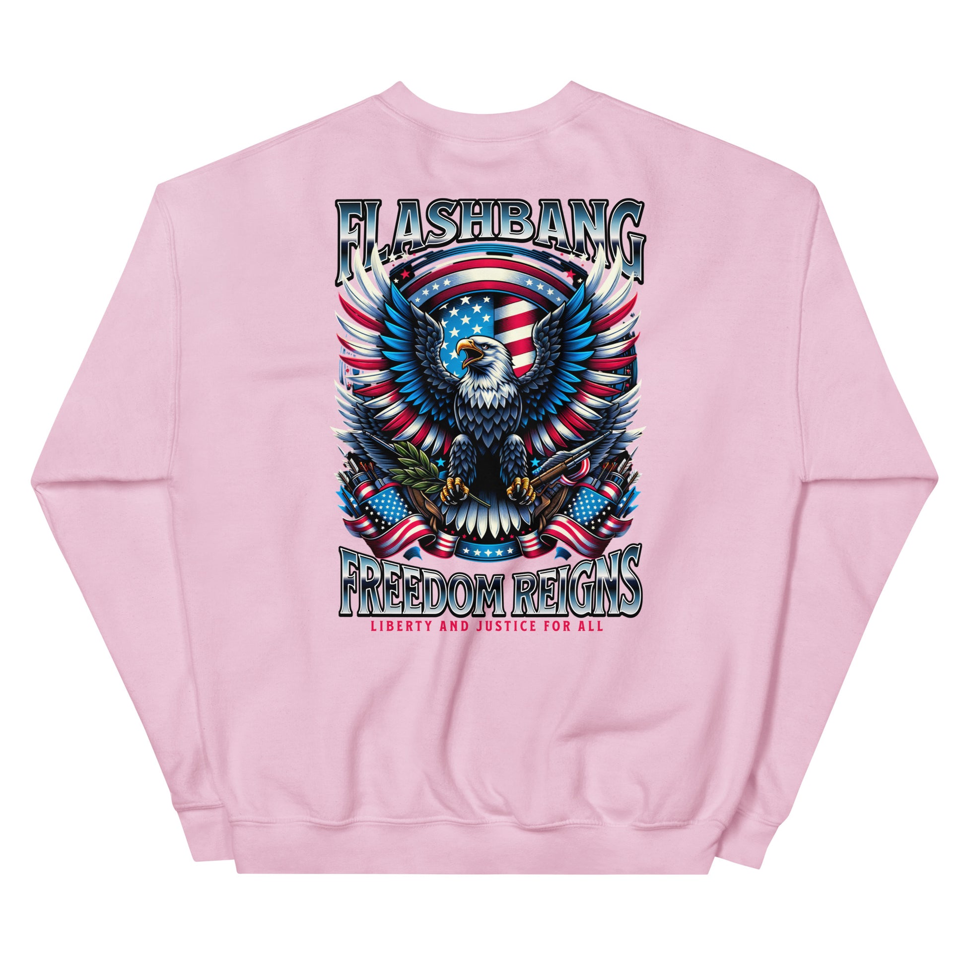 Pink sweatshirt with an eagle and American flag design on a white background
