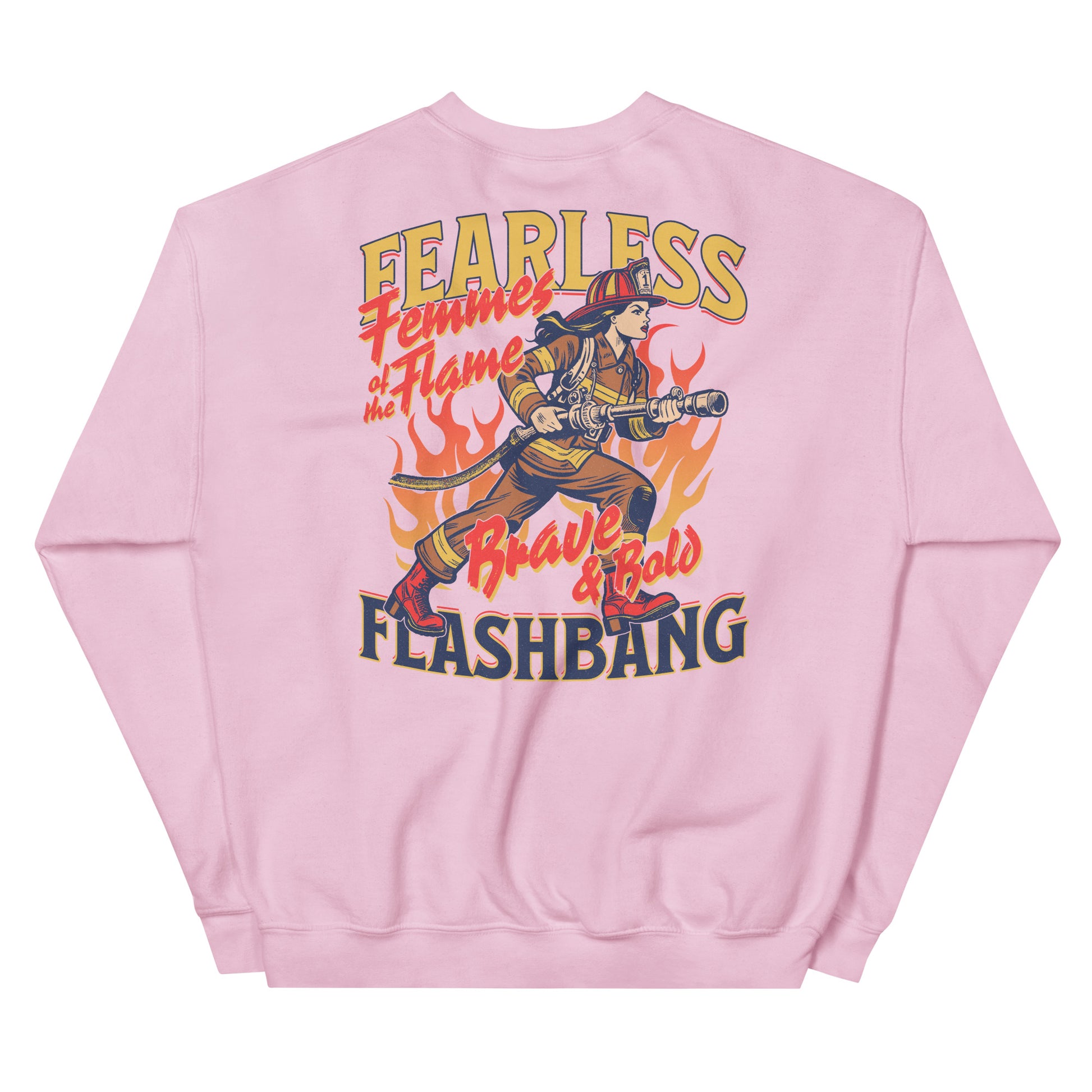 Pink sweatshirt with a graphic of a firefighter and text on the back, on a white background