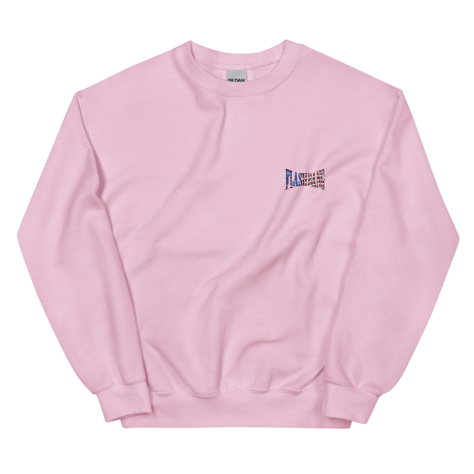 Pink sweatshirt with a small logo on the chest against a white background