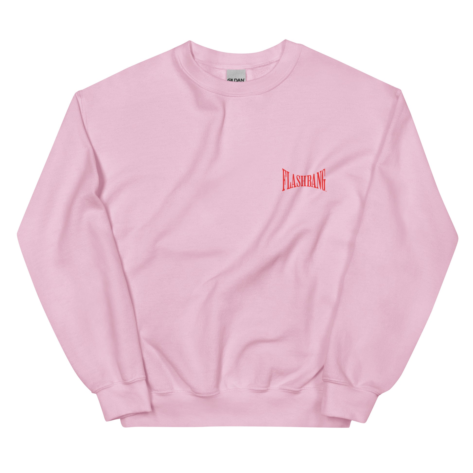 Pink sweatshirt with a red logo on a white background