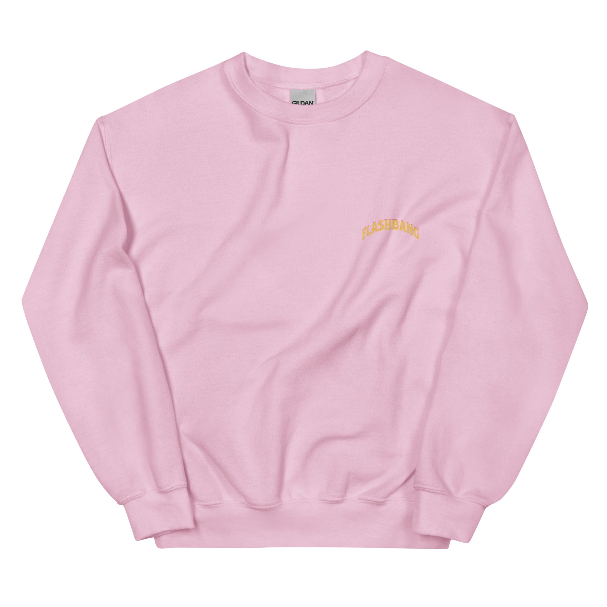 Pink sweatshirt with yellow text on a white background
