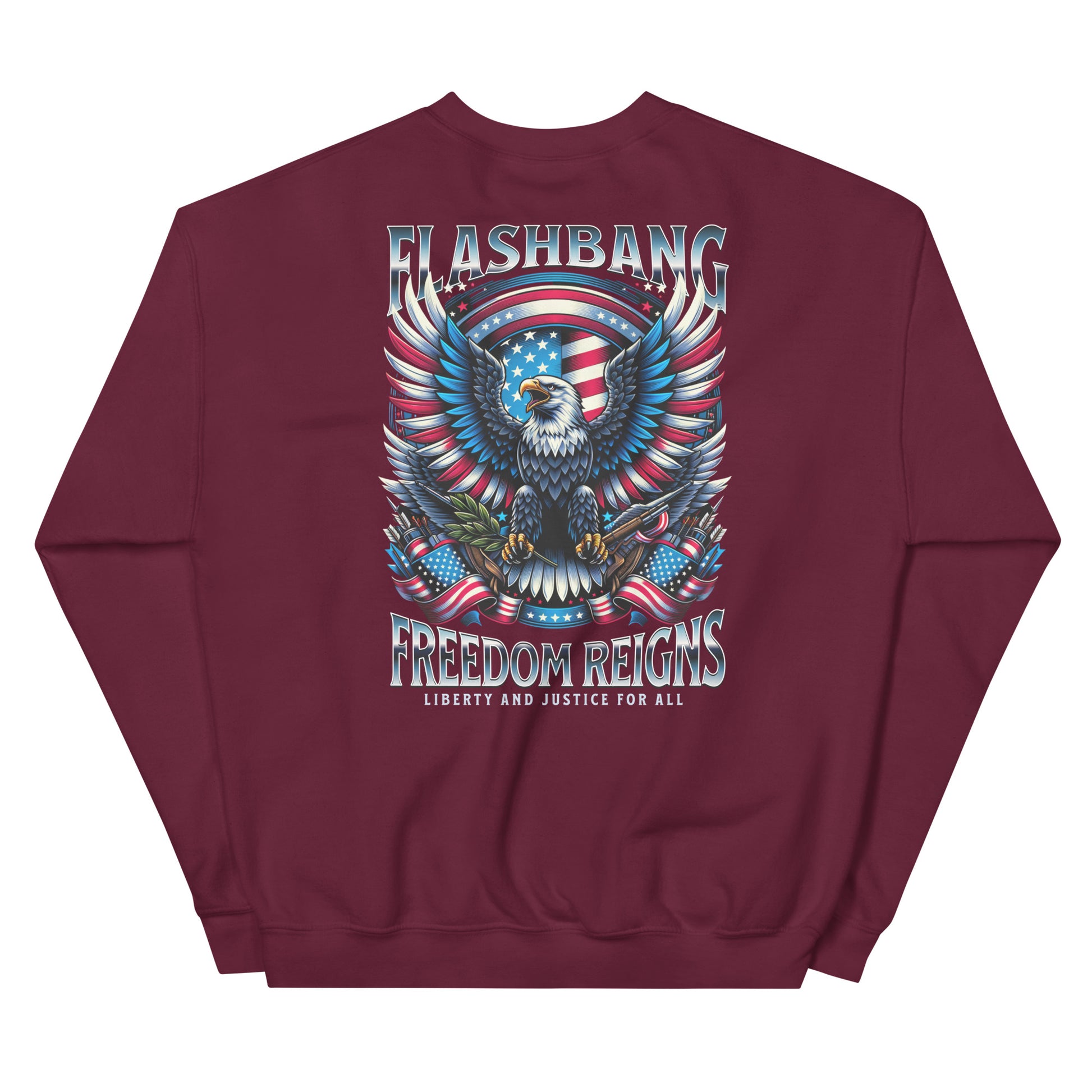 Maroon sweatshirt with an eagle and American flag design on a white background