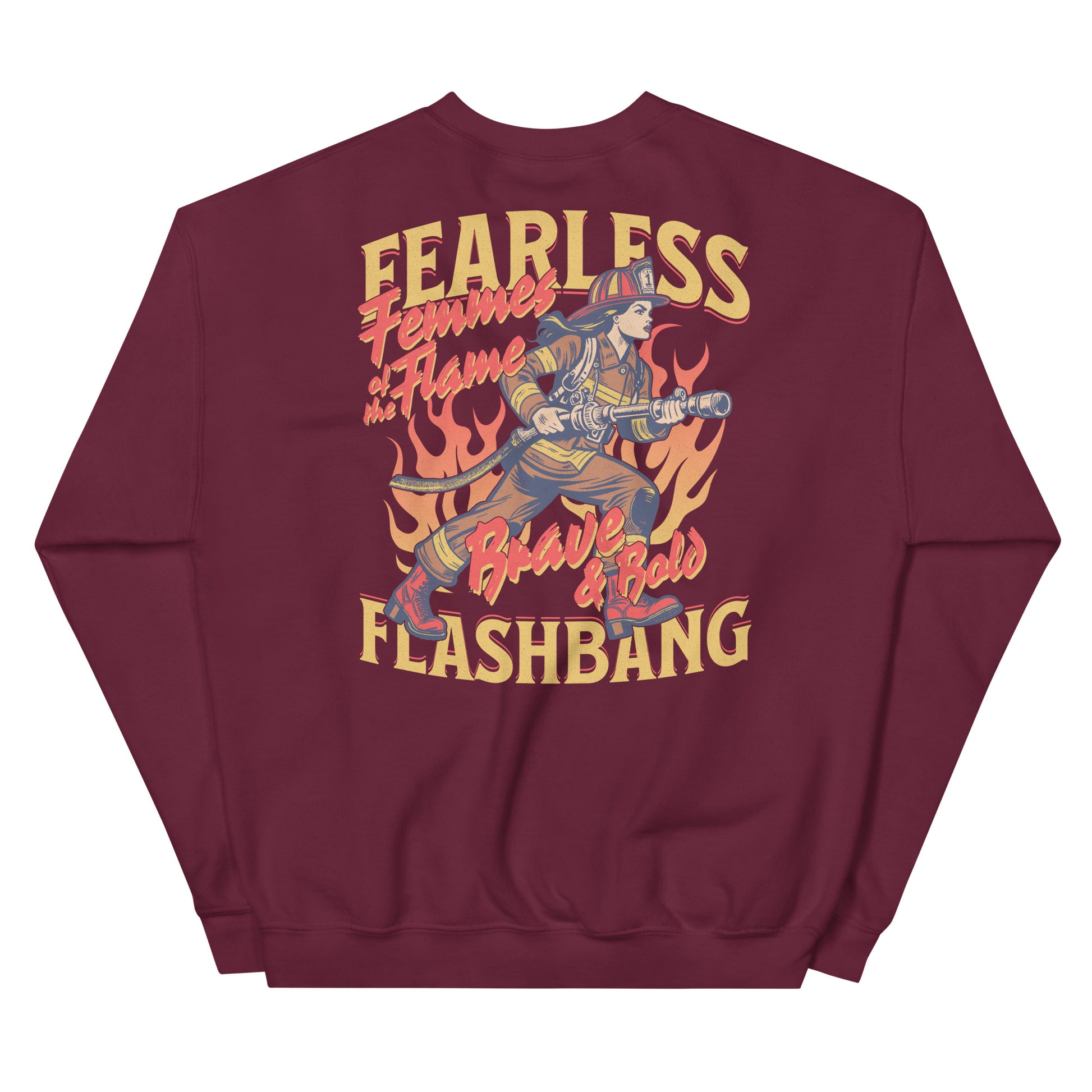 Maroon sweatshirt with graphic design and text on a white background
