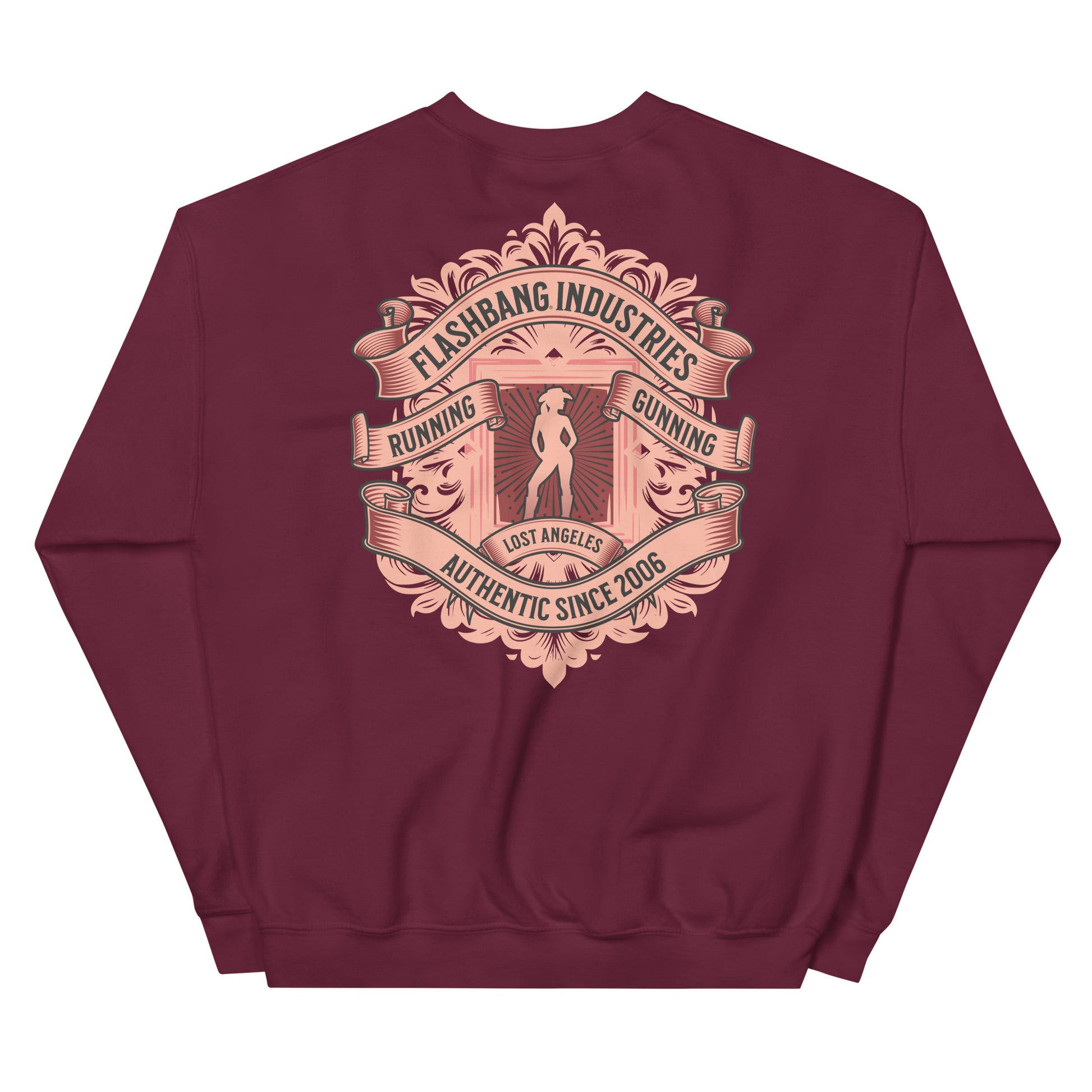 Maroon sweatshirt with a detailed graphic design on the back against a white background