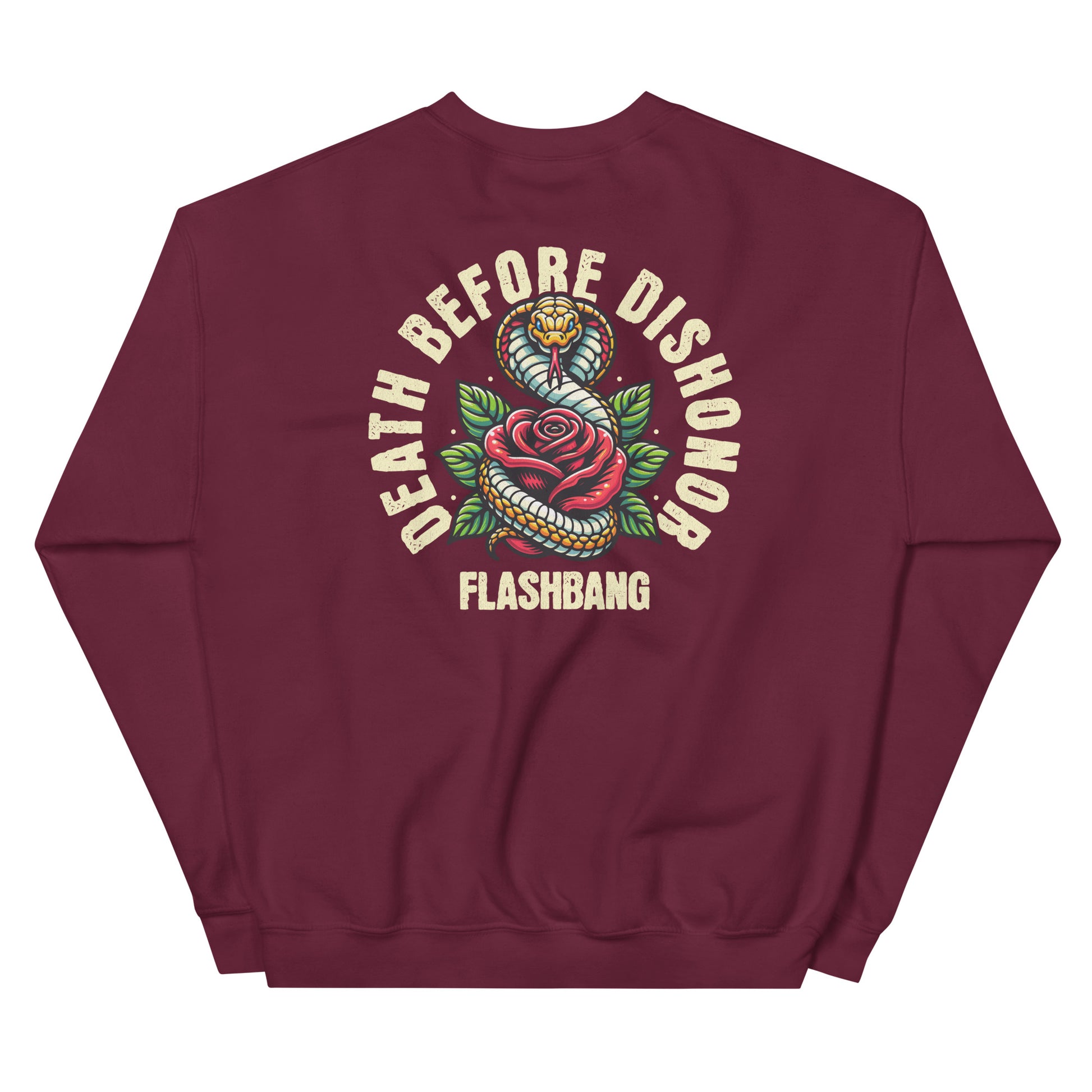 Maroon sweatshirt with 'Death Before Dishonor Flashbang' graphic design on a white background
