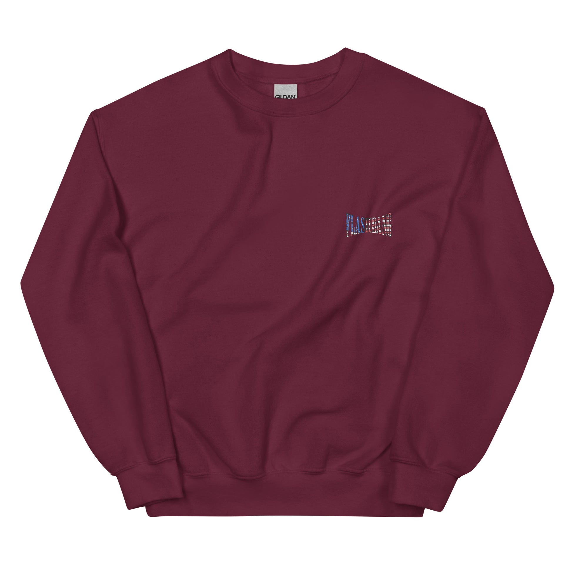Maroon sweatshirt with a small logo on the chest against a white background