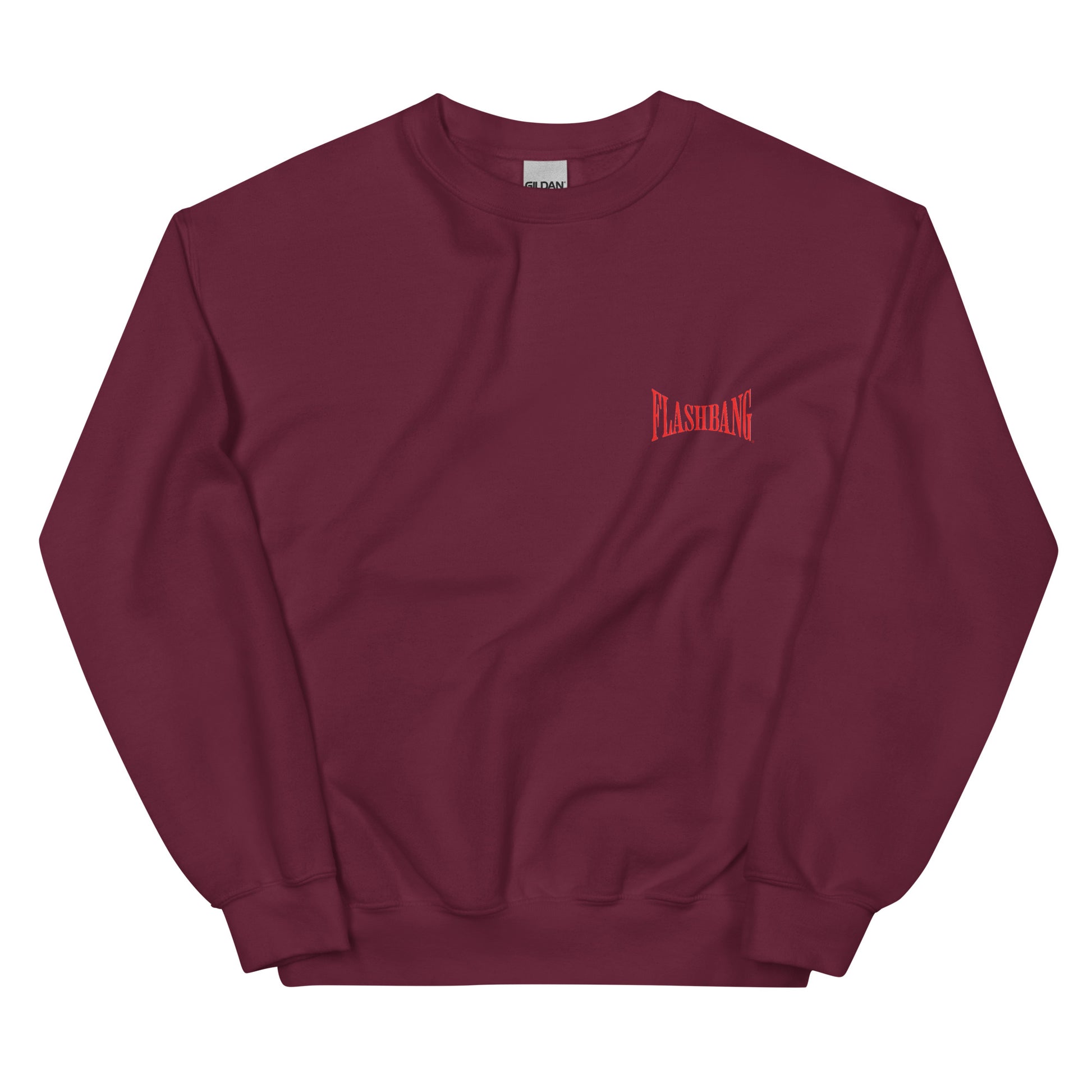 Maroon sweatshirt with red text on a white background