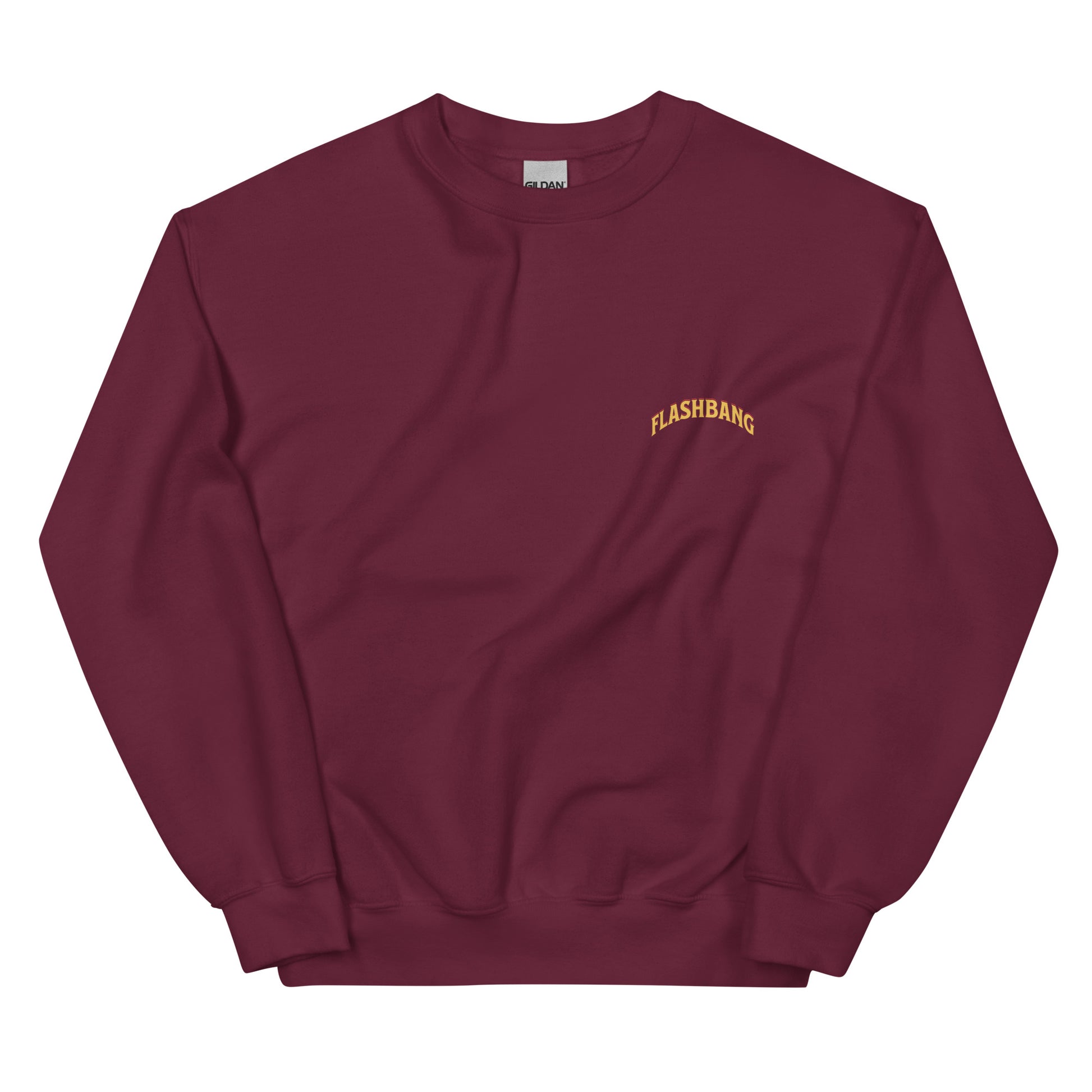 Maroon sweatshirt with 'Flashbang' logo on a white background