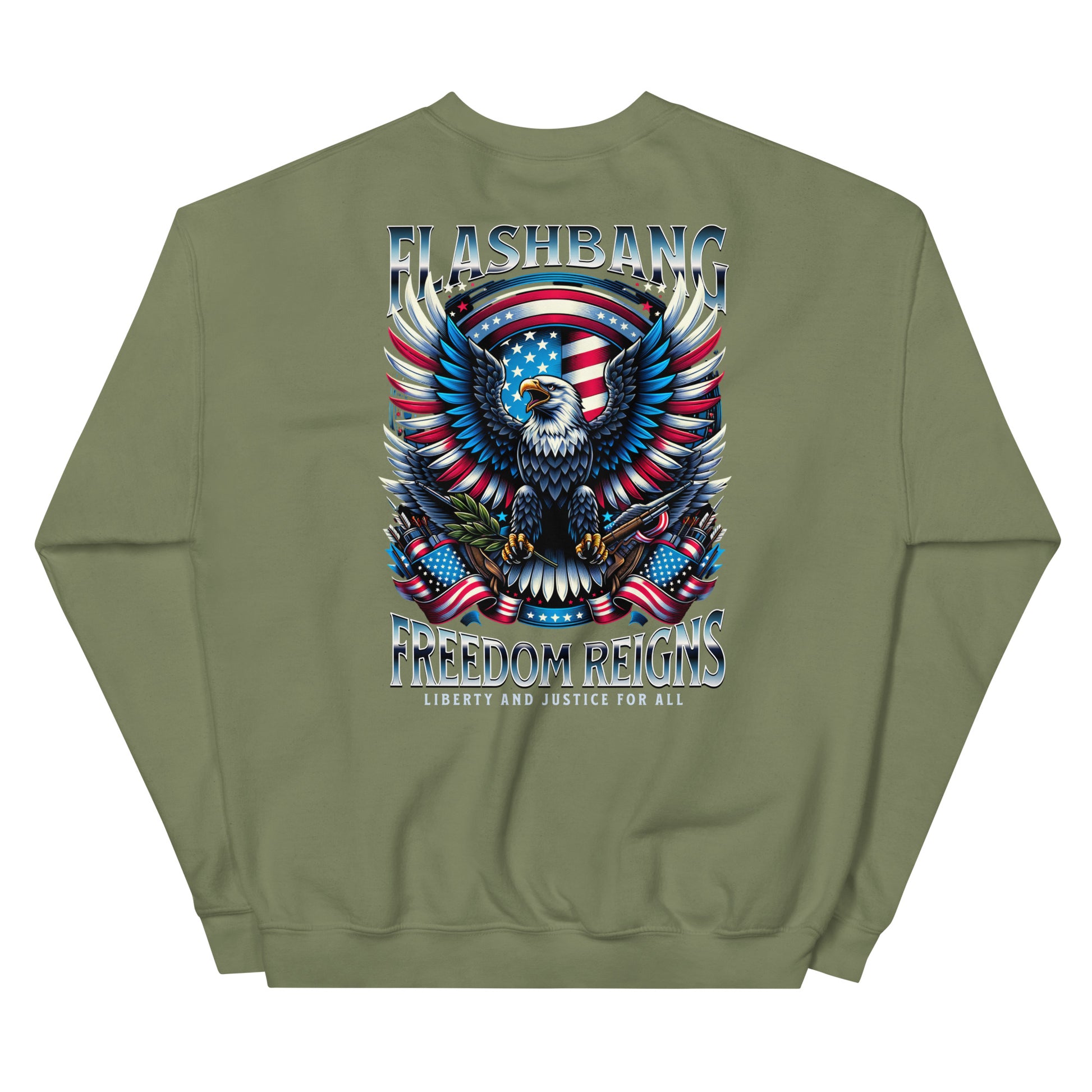 Green sweatshirt with 'Flashbang' and 'Freedom Reigns' design on the back
