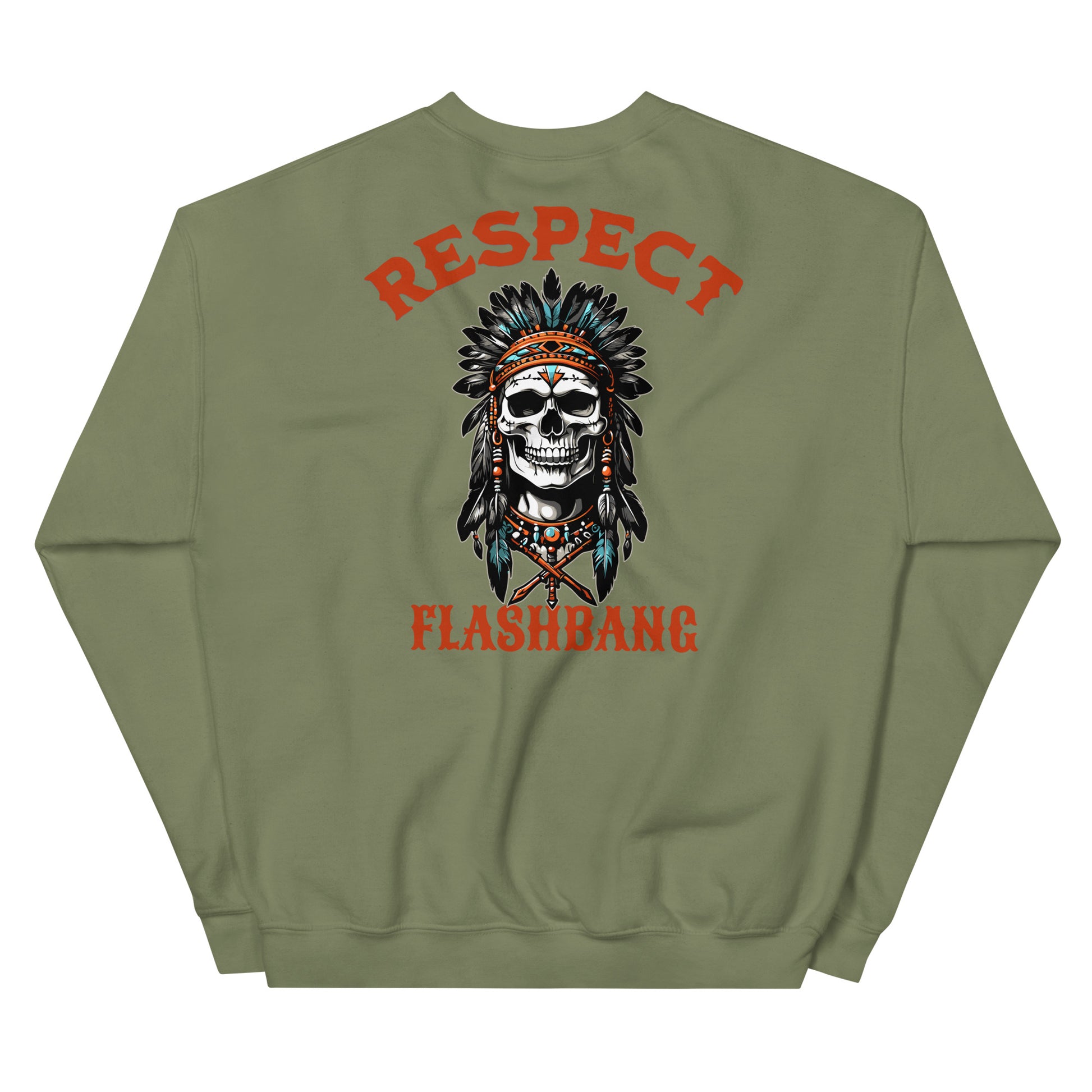 Green sweatshirt with a skull design and 'RESPECT FLASHBANG' text on the back
