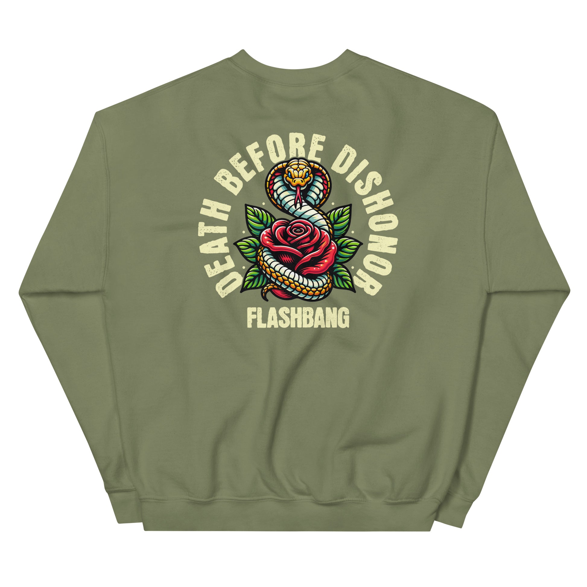 Green sweatshirt with 'Death Before Dishonor Flashbang' design on the back
