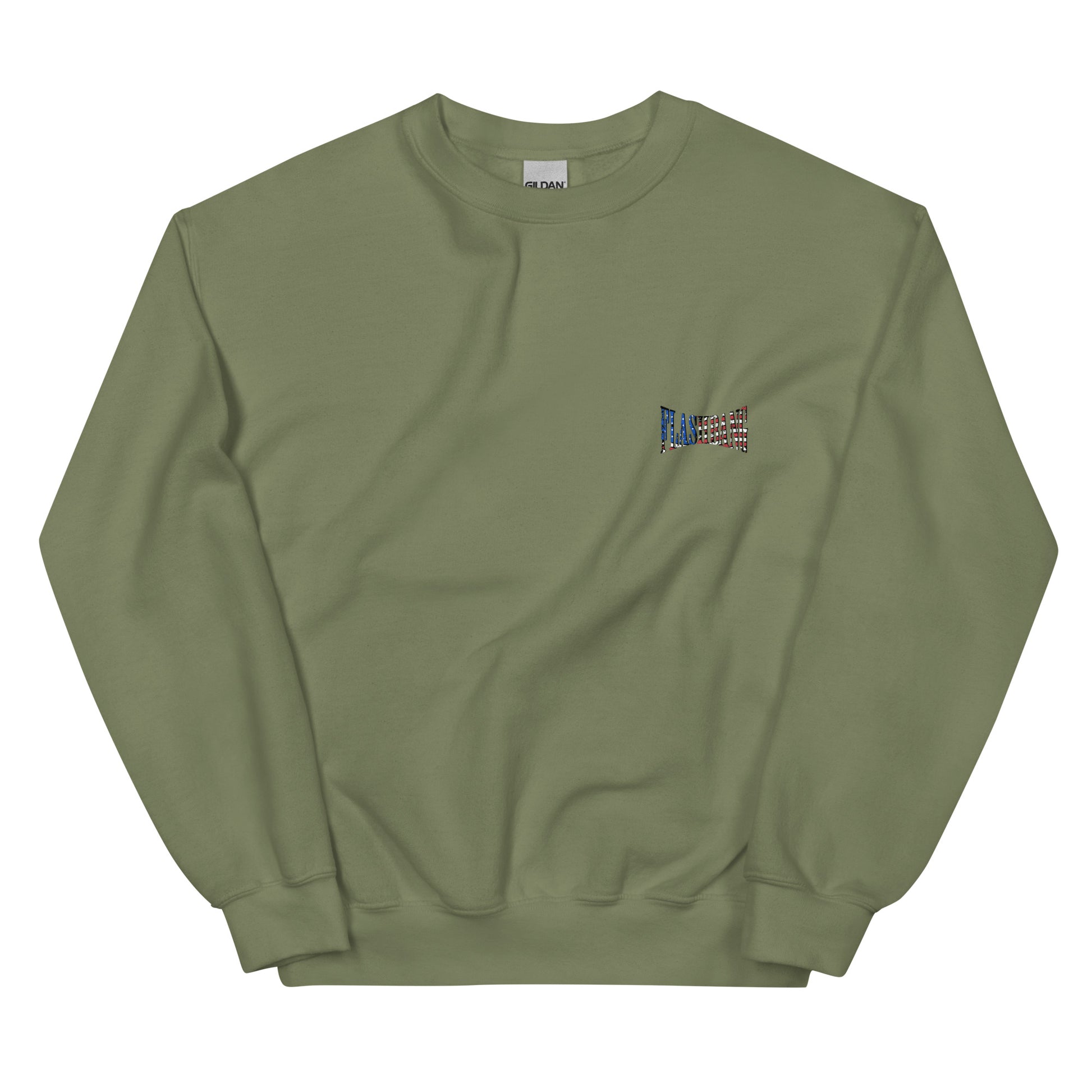Green sweatshirt with a small flag patch on a white background