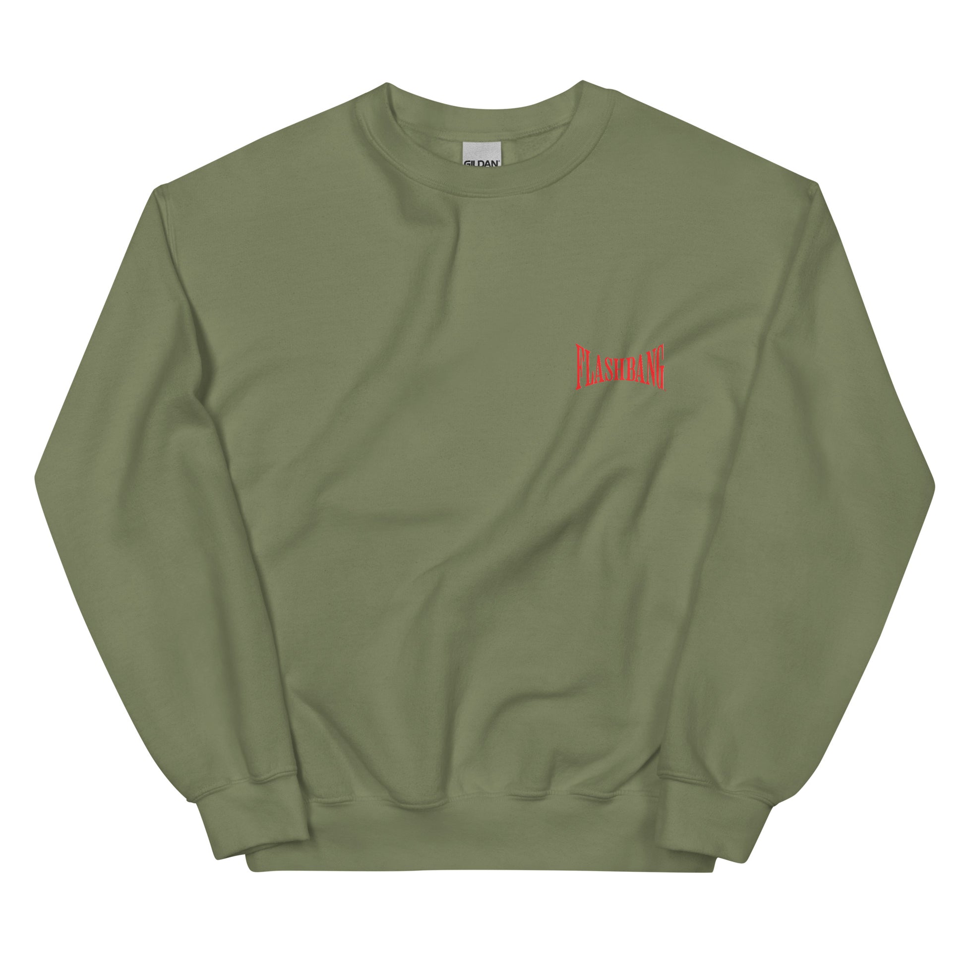 Green sweatshirt with a red logo on a white background