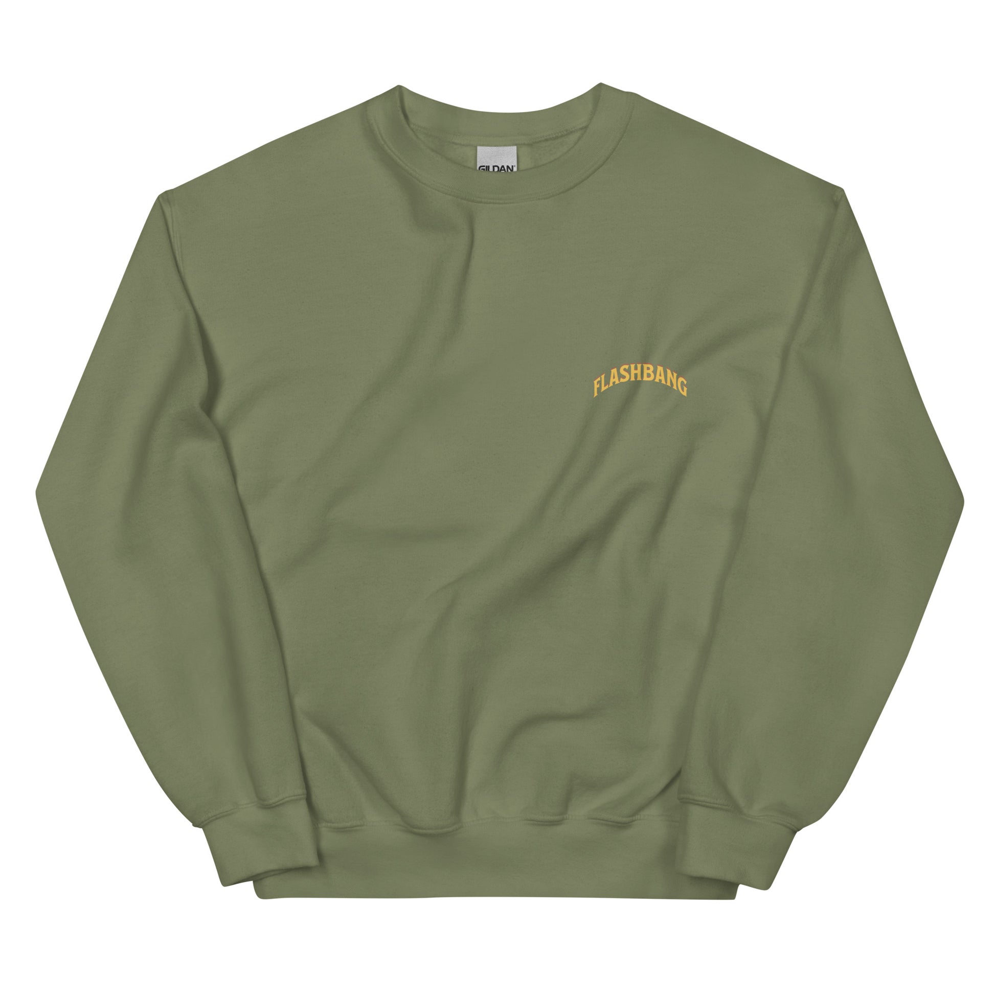 Green sweatshirt with 'FLASHBANG' logo on a white background