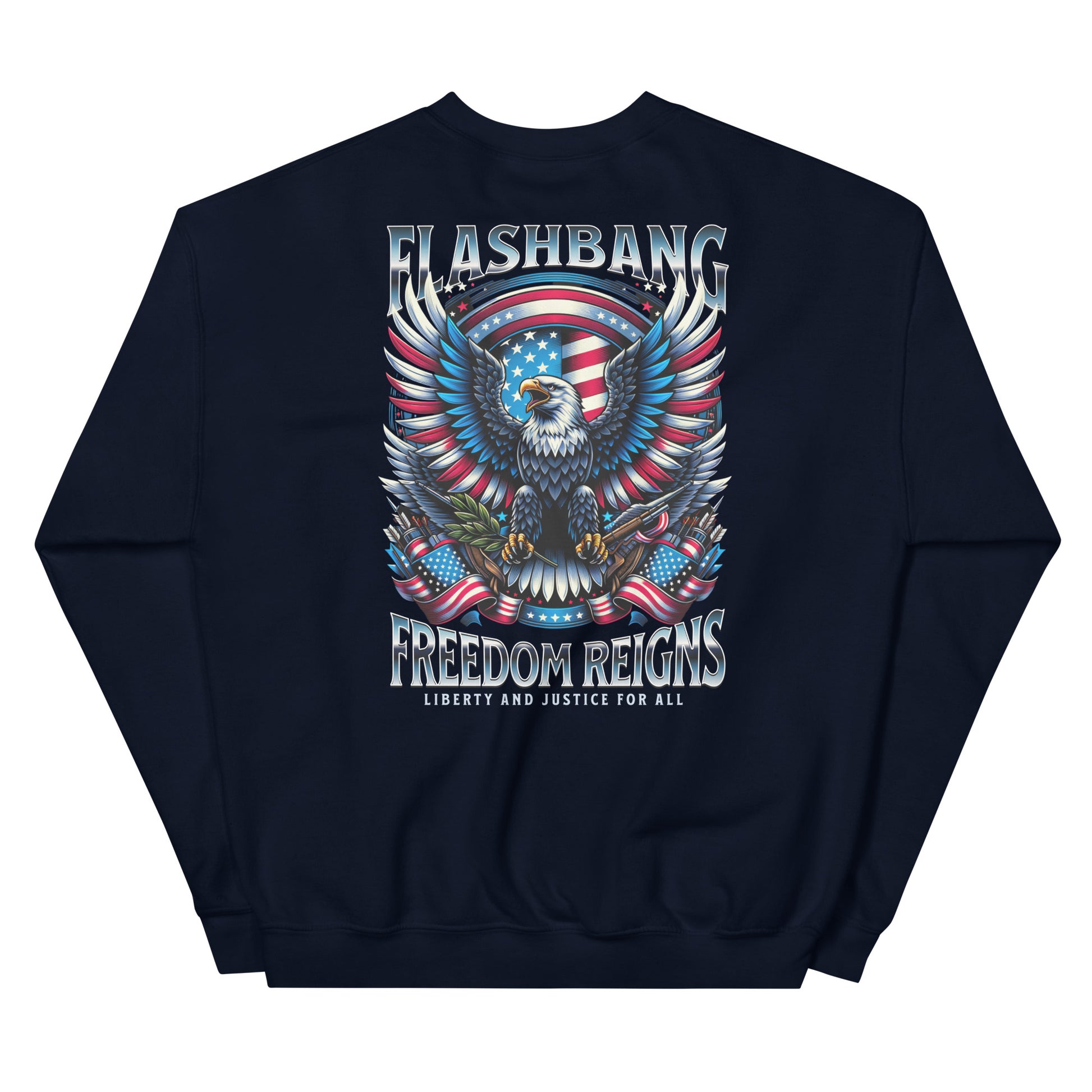 Navy blue sweatshirt with an eagle and American flag design on a white background