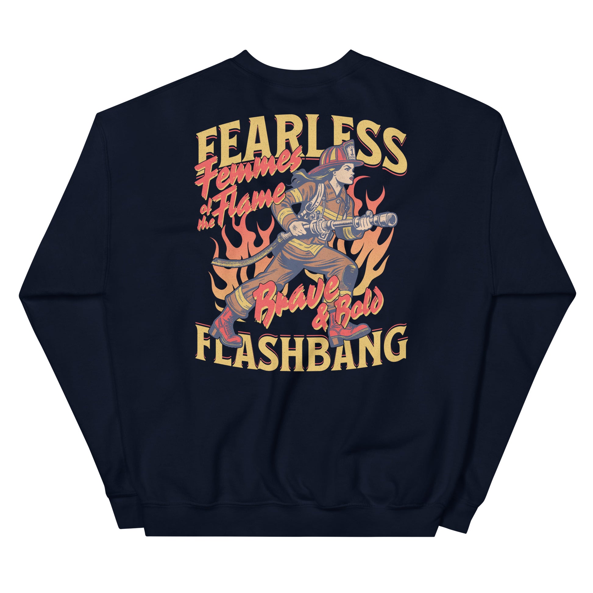 Navy blue sweatshirt with graphic design and text on a white background