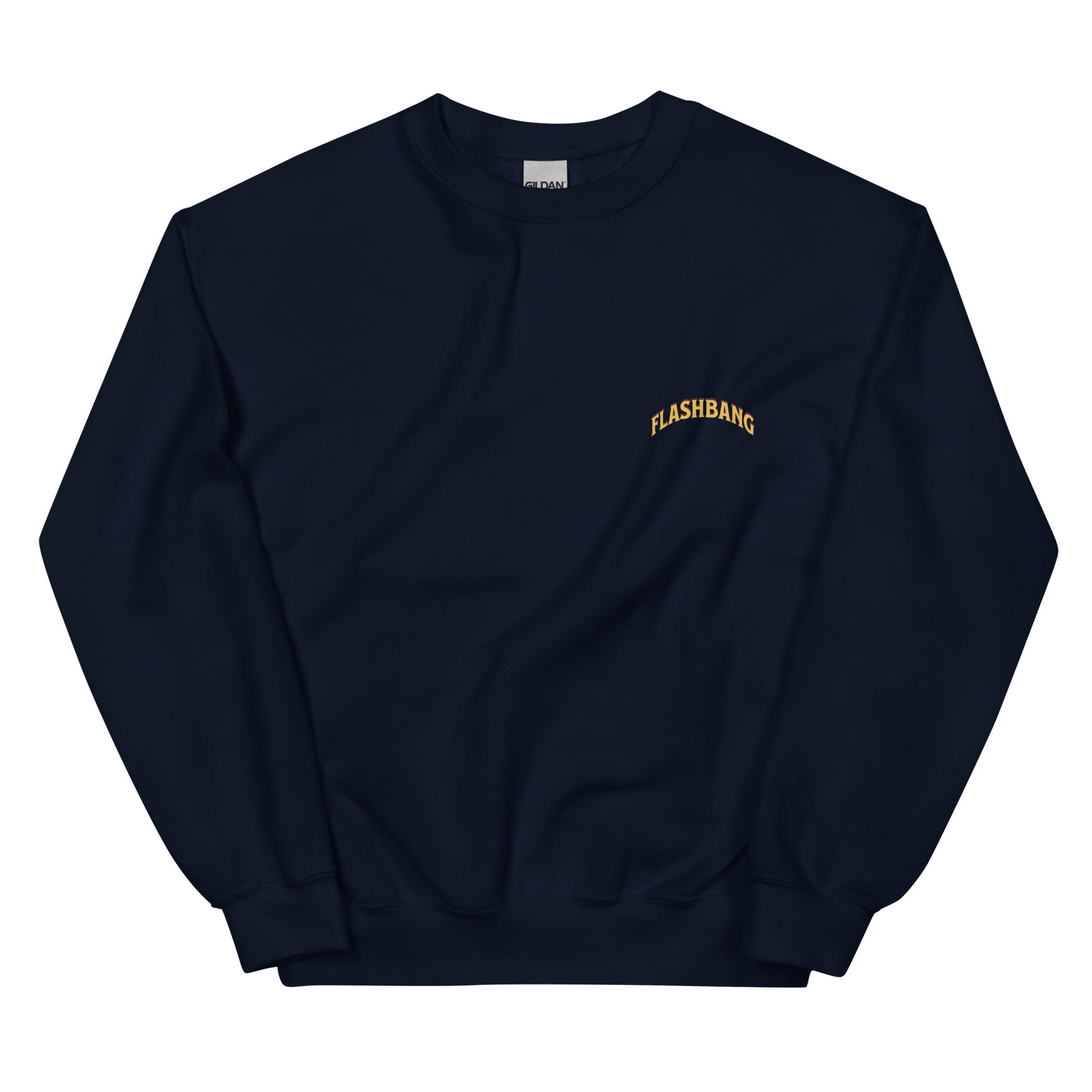 Navy blue sweatshirt with 'FLASHBANG' text on a white background