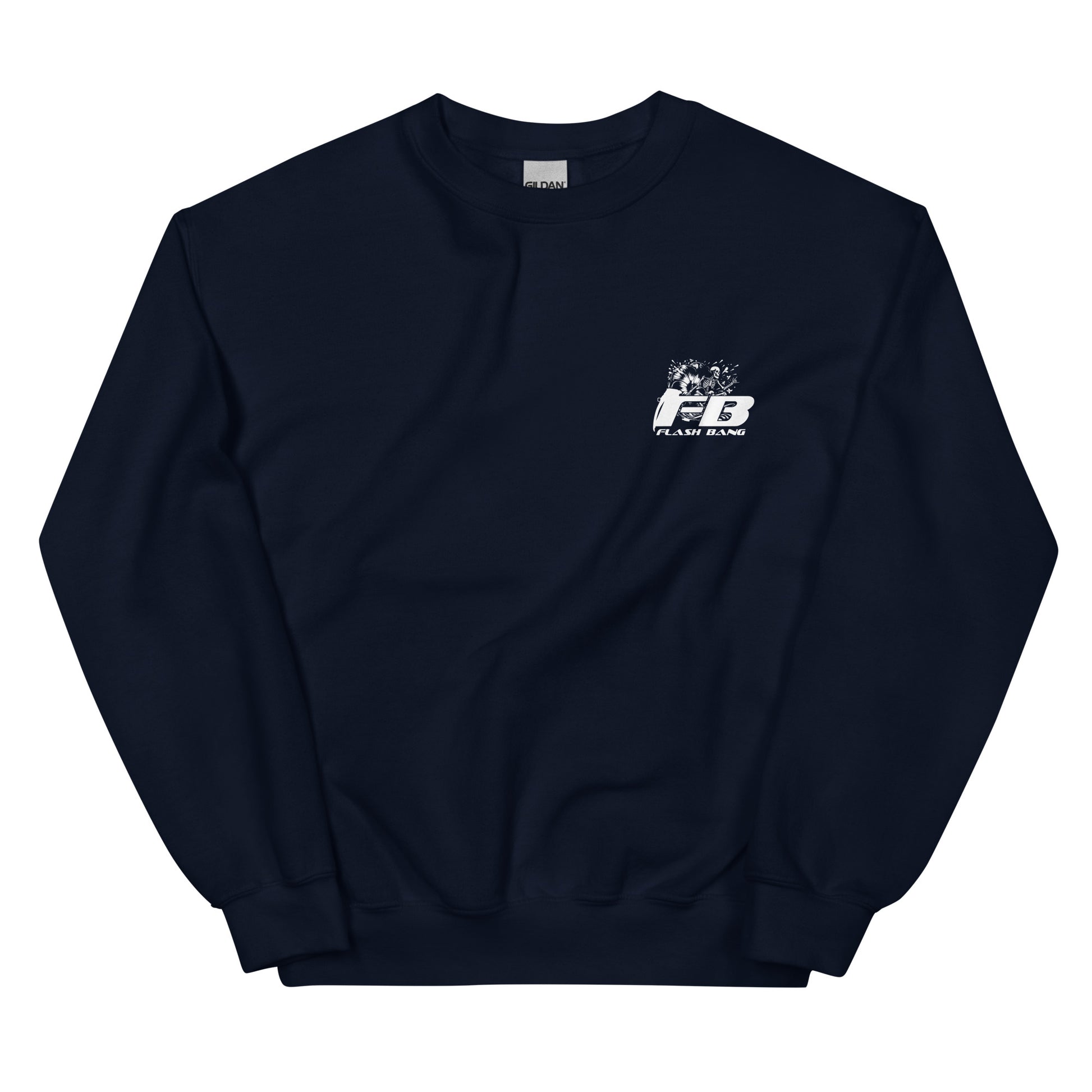 Navy blue sweatshirt with a logo on the chest against a white background