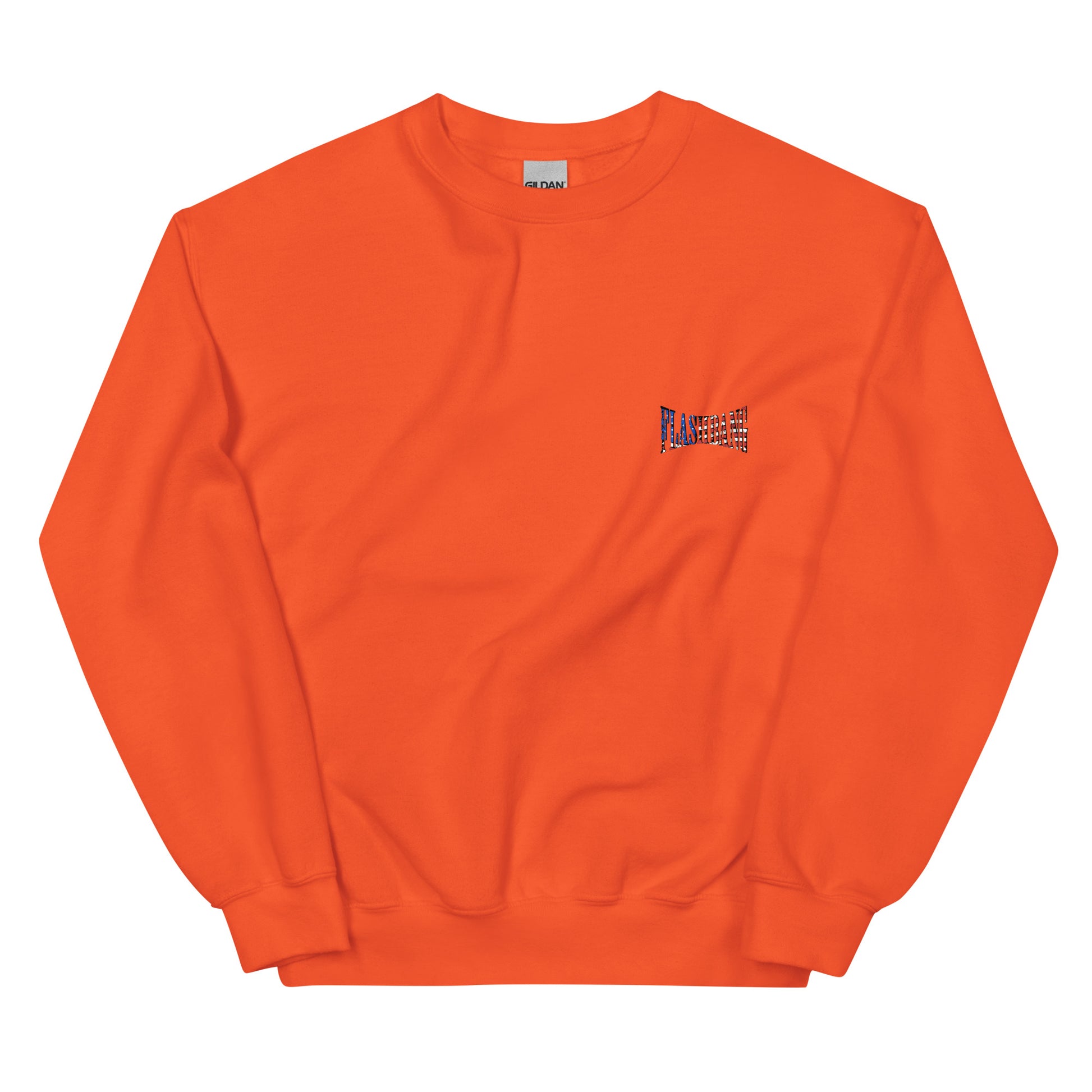 Orange sweatshirt with a small flag patch on a white background