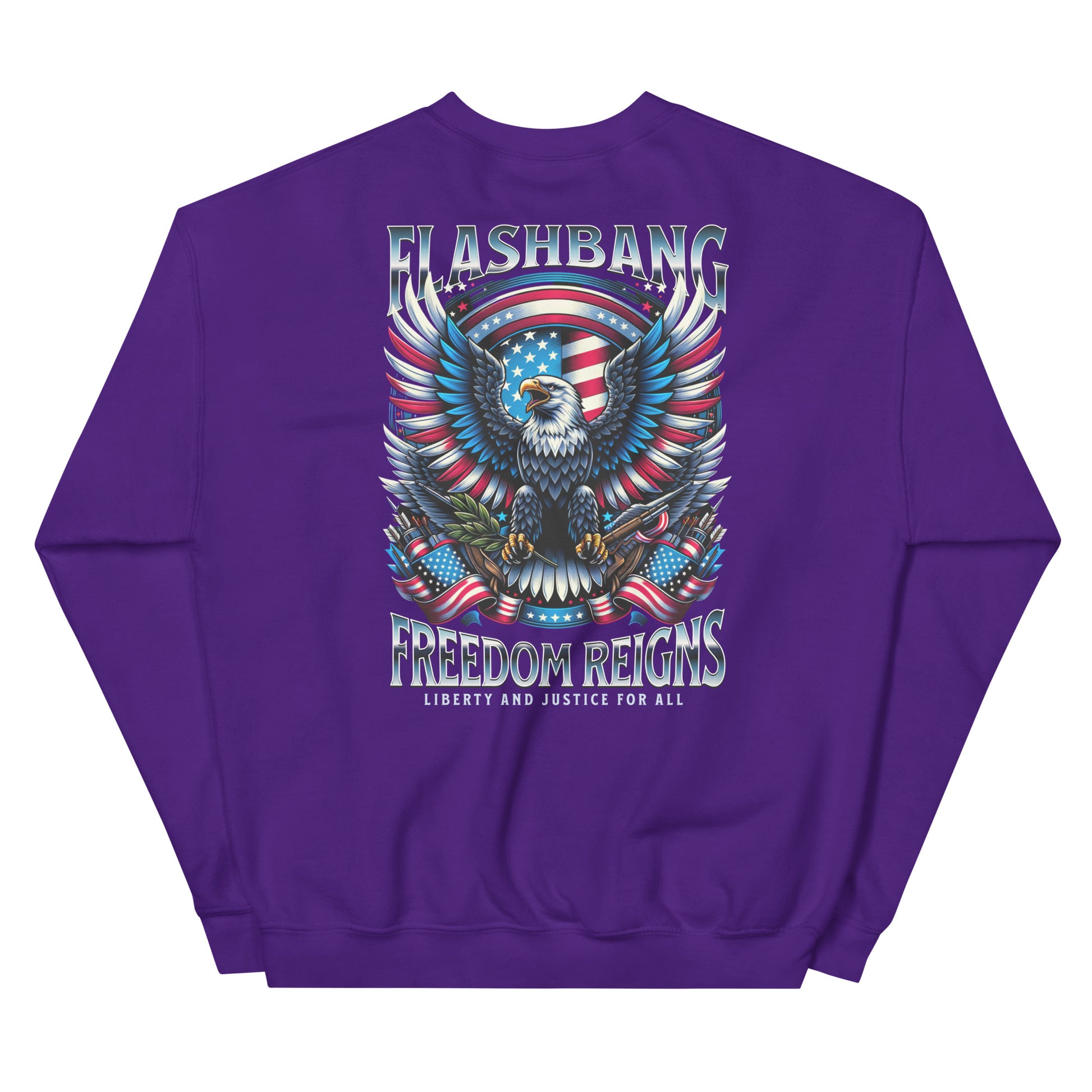 Purple sweatshirt with an eagle and American flag design on a white background
