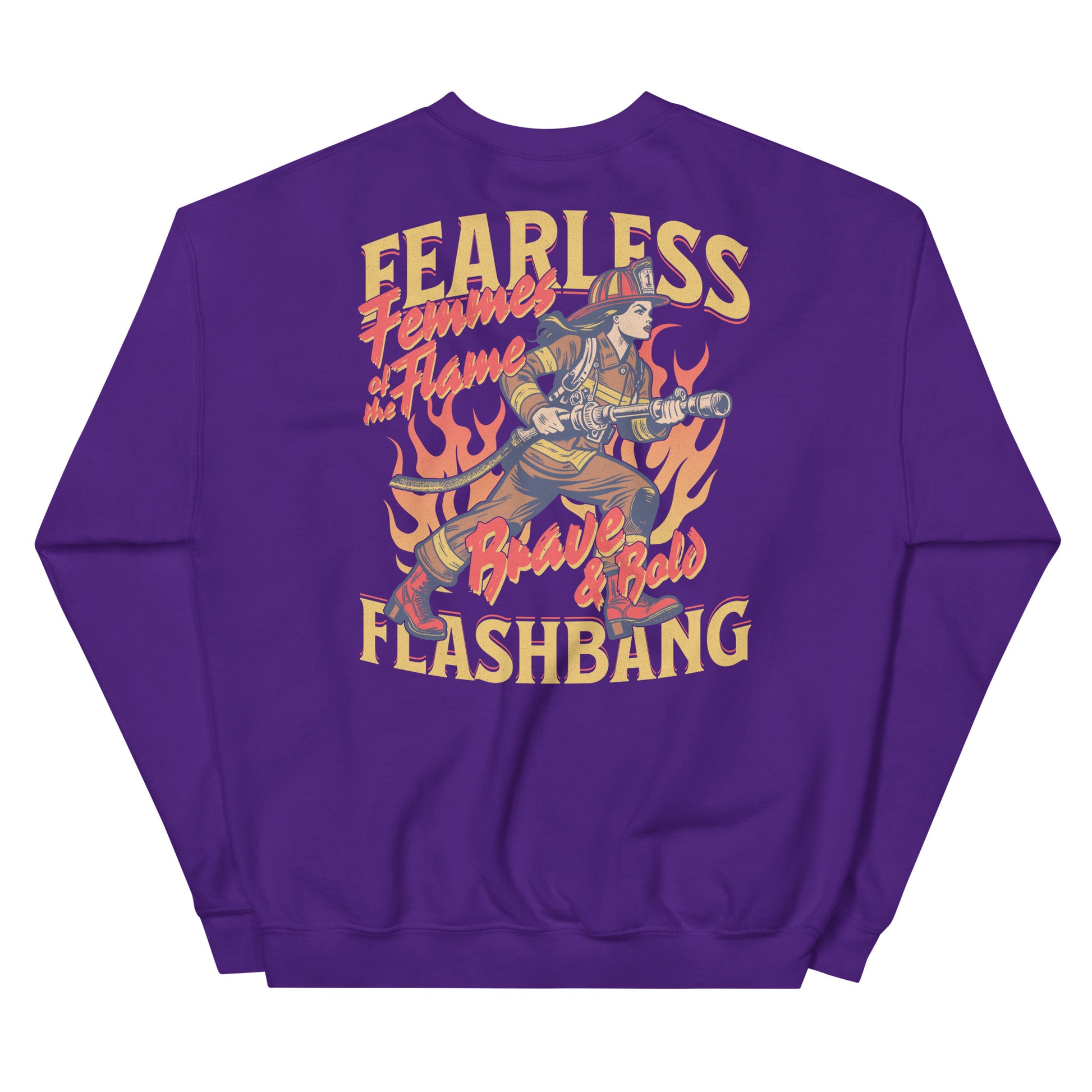 Purple sweatshirt with a graphic design and text on the back