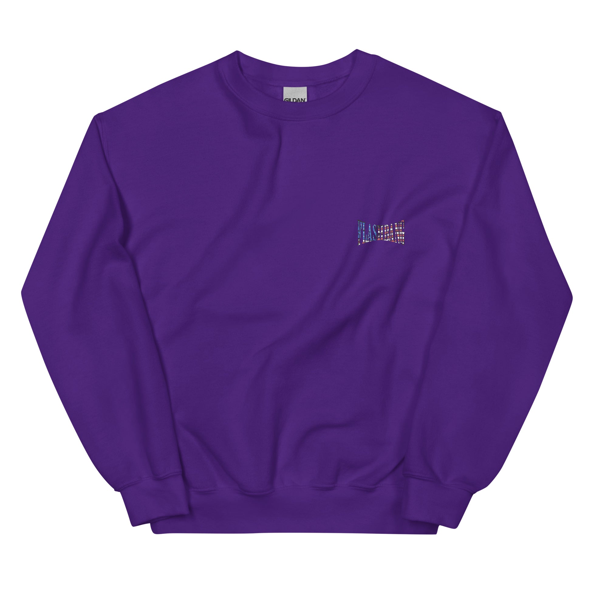 Purple sweatshirt with a small logo on the chest against a white background