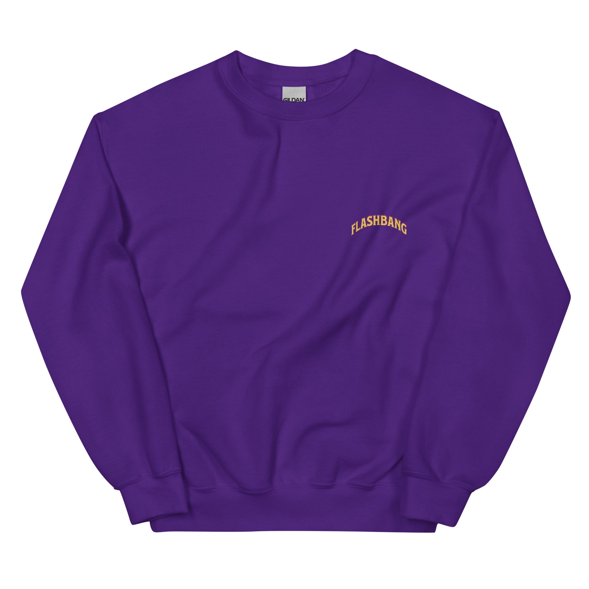 Purple sweatshirt with 'FLASHBANG' text on a white background