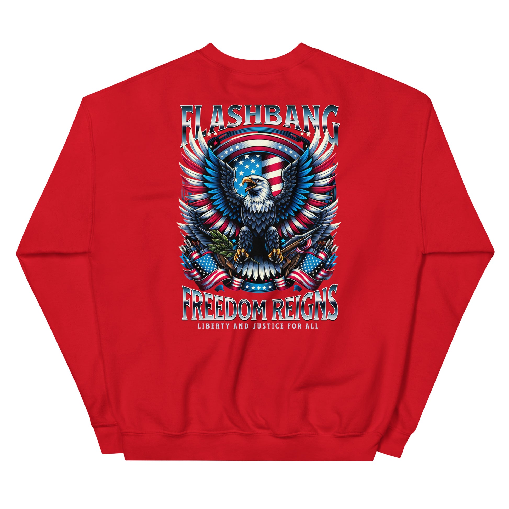 Red sweatshirt with an eagle graphic and text on a white background