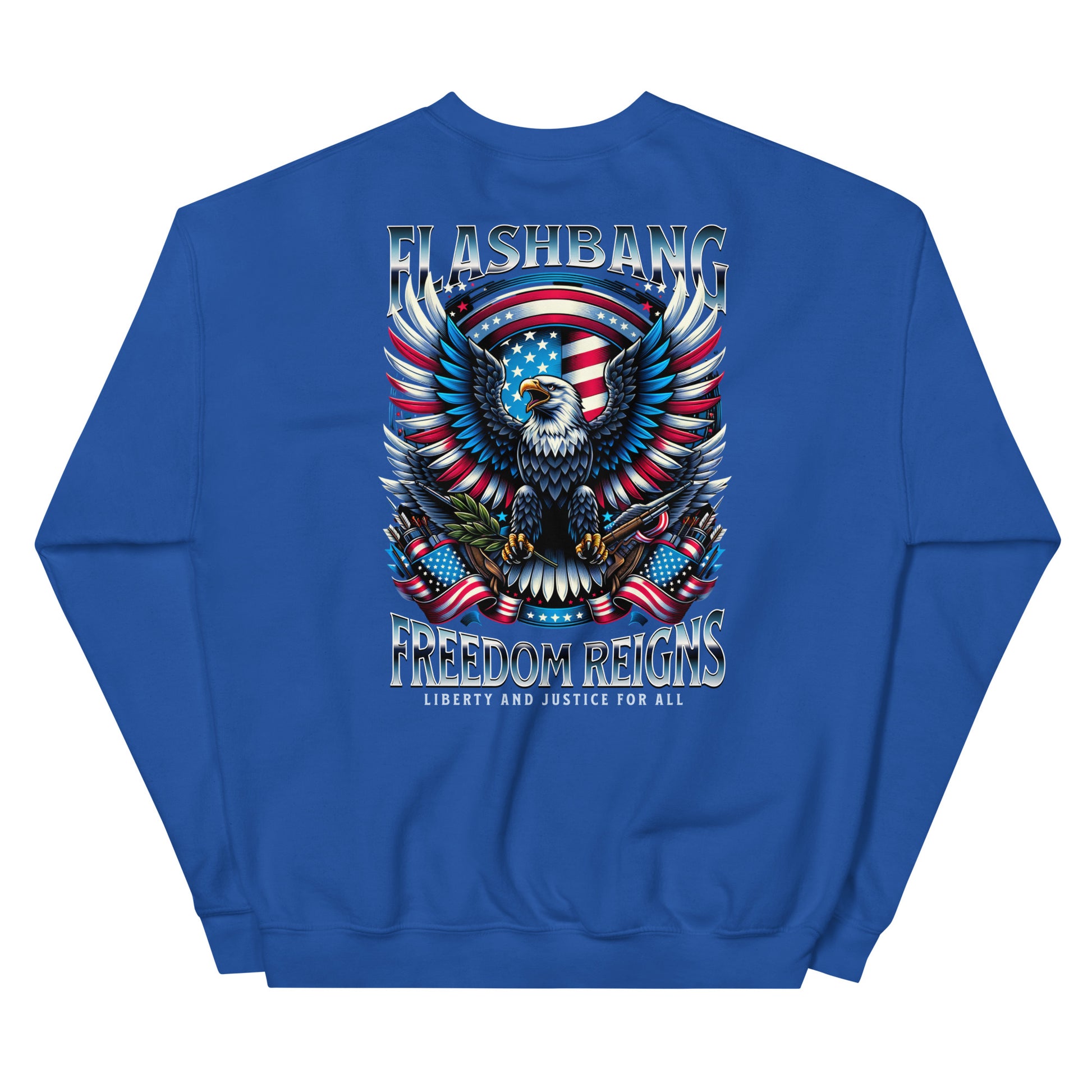 Blue sweatshirt with an eagle and American flag design on a white background