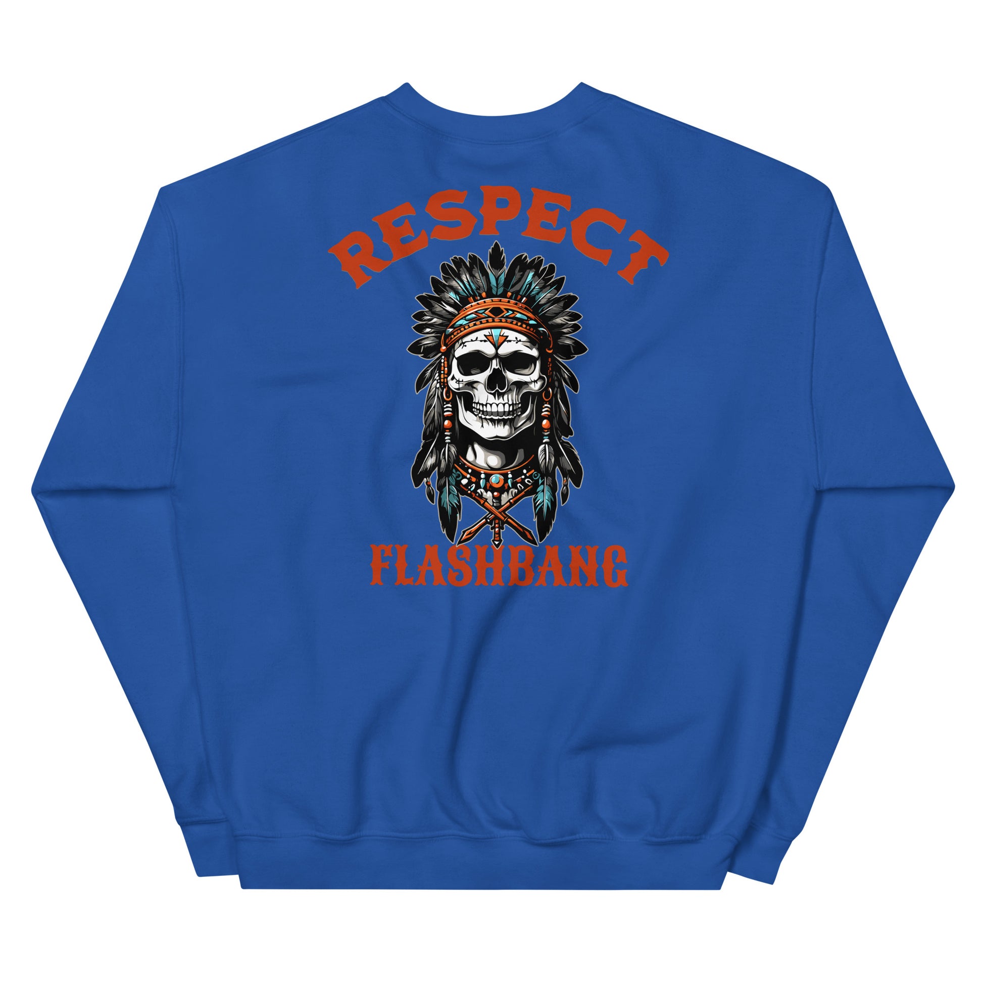 Blue sweatshirt with a skull design and text on the back against a white background