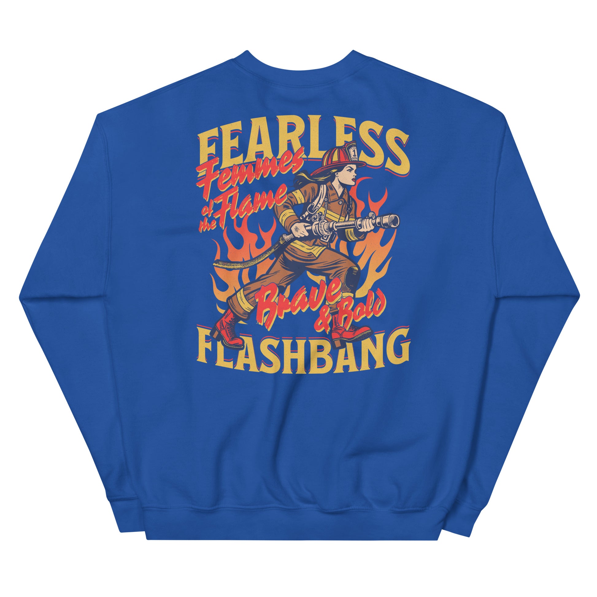 Blue sweatshirt with graphic design and text on a white background