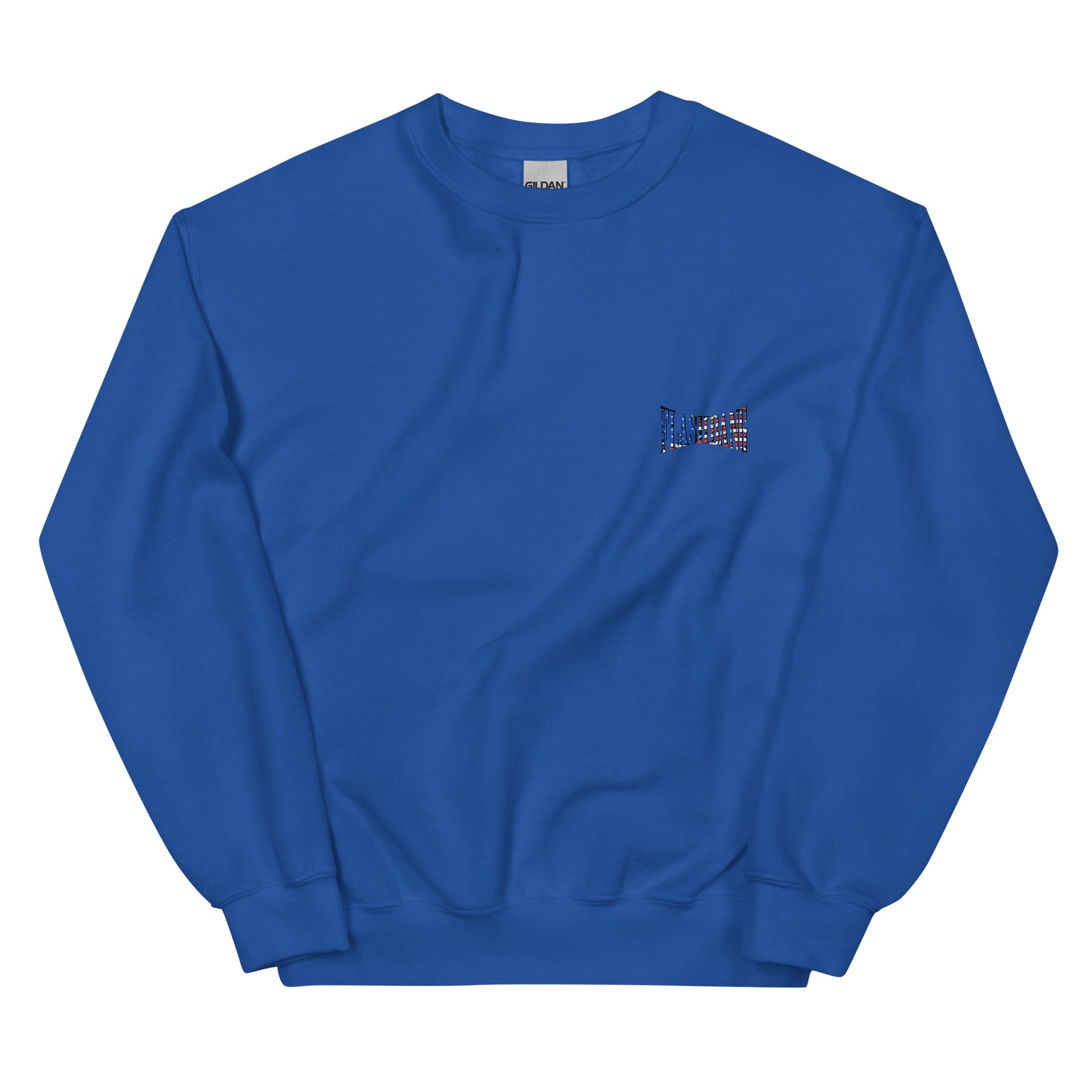 Blue sweatshirt with a small logo on the chest against a white background