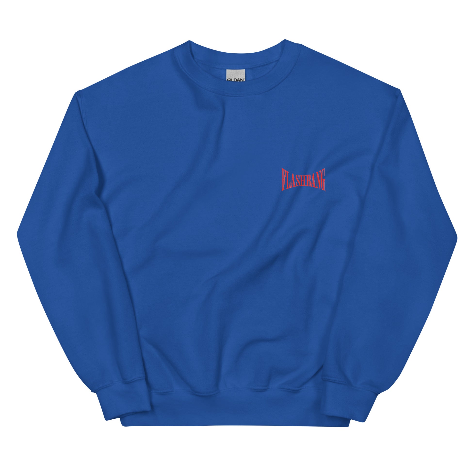 Blue sweatshirt with red text on a white background
