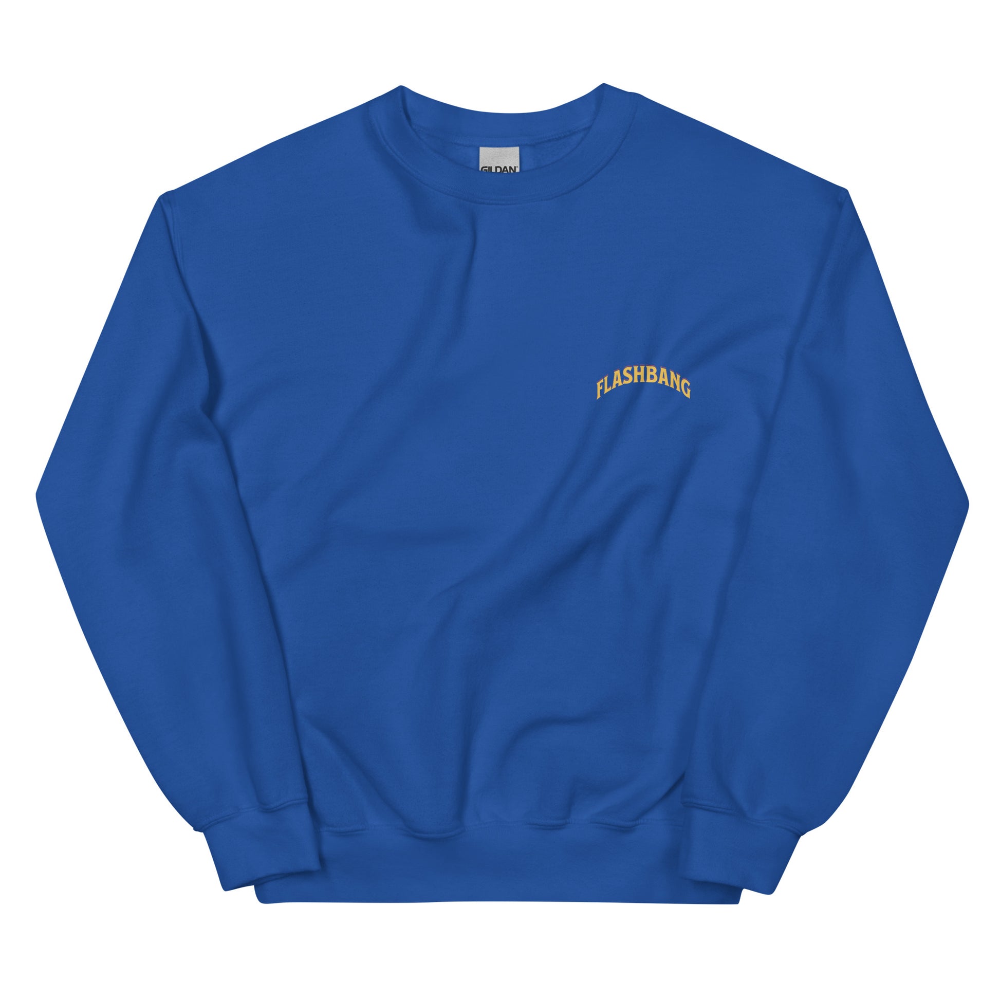 Blue sweatshirt with 'FLASHBANG' text on a white background
