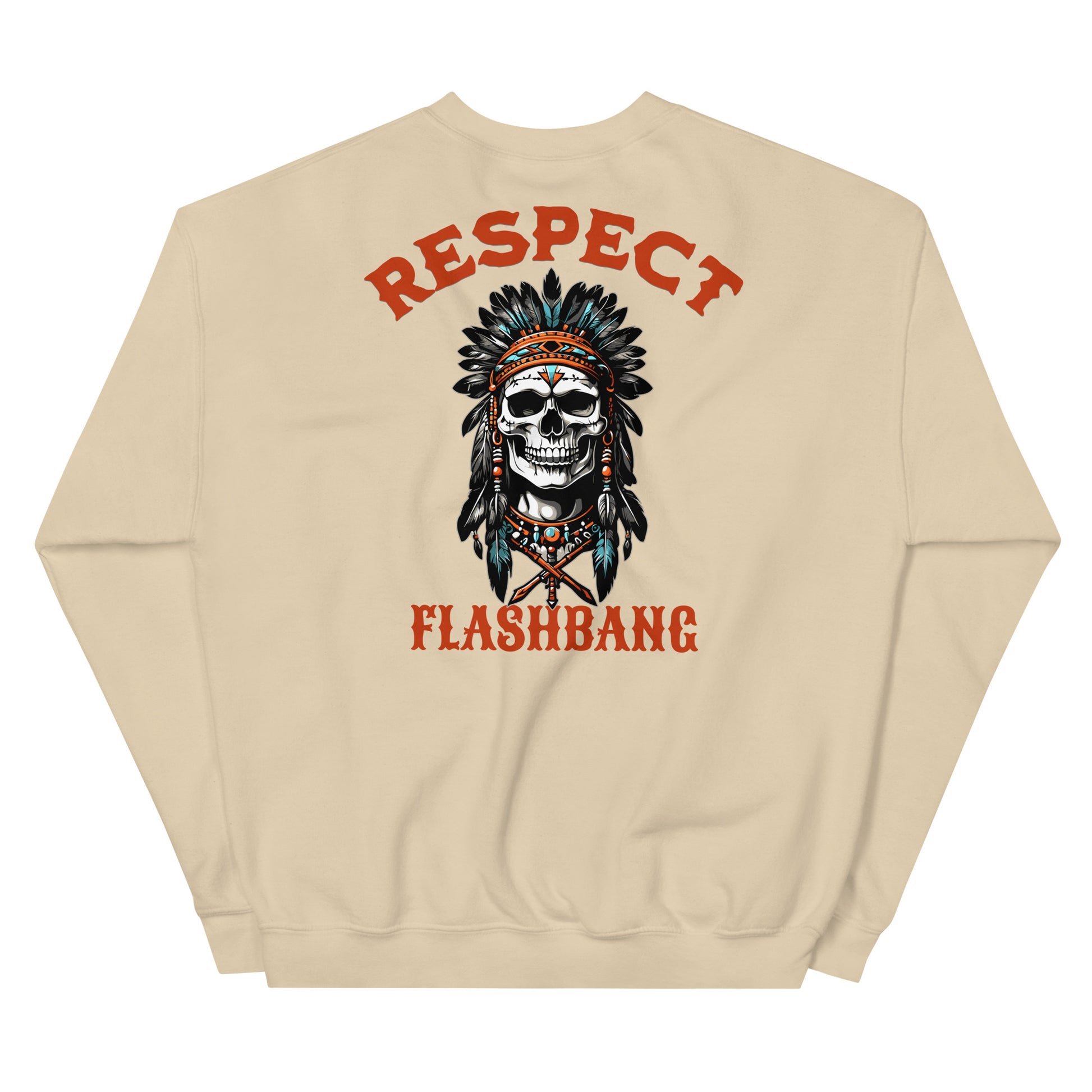 Beige sweatshirt with a graphic design of a skull wearing an Indian headdress and text 'RESPECT' and 'FLASHBANG'.
