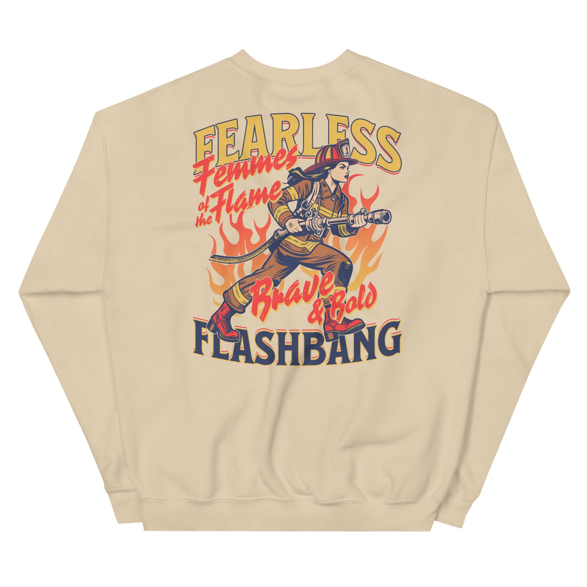 Beige sweatshirt with a graphic of a female firefighter and text on the back