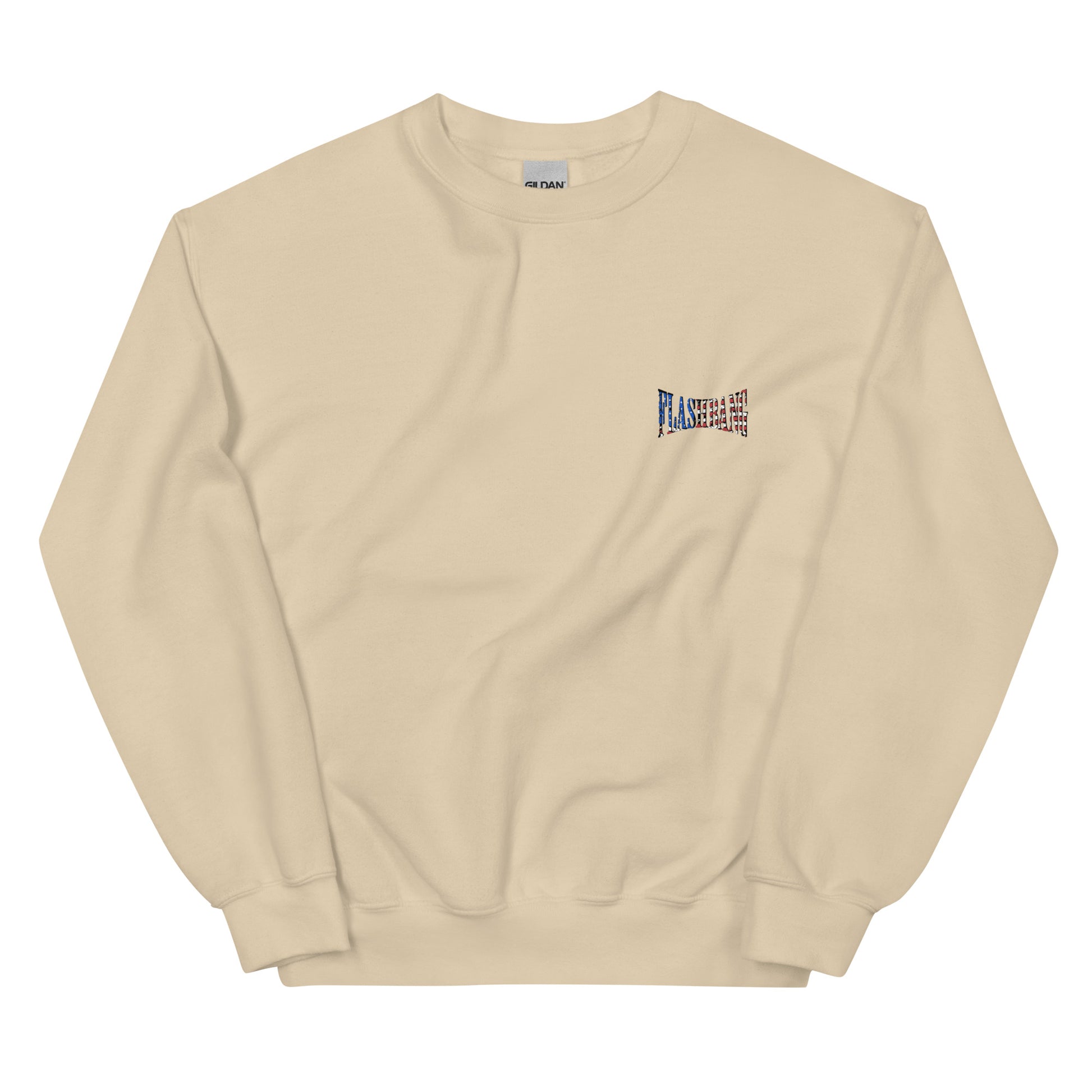 Beige sweatshirt with a small logo on the chest against a white background