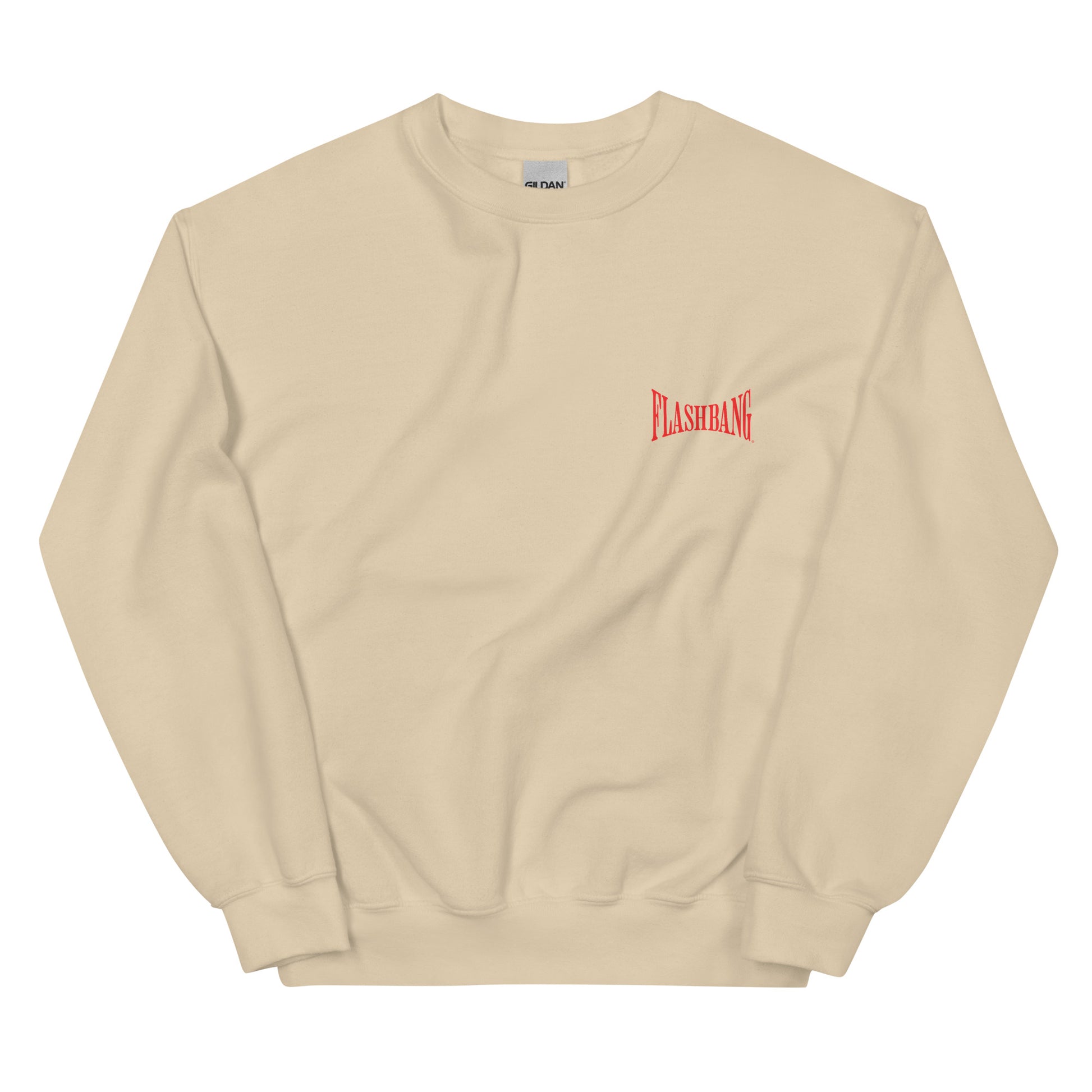Beige sweatshirt with a red logo on a white background
