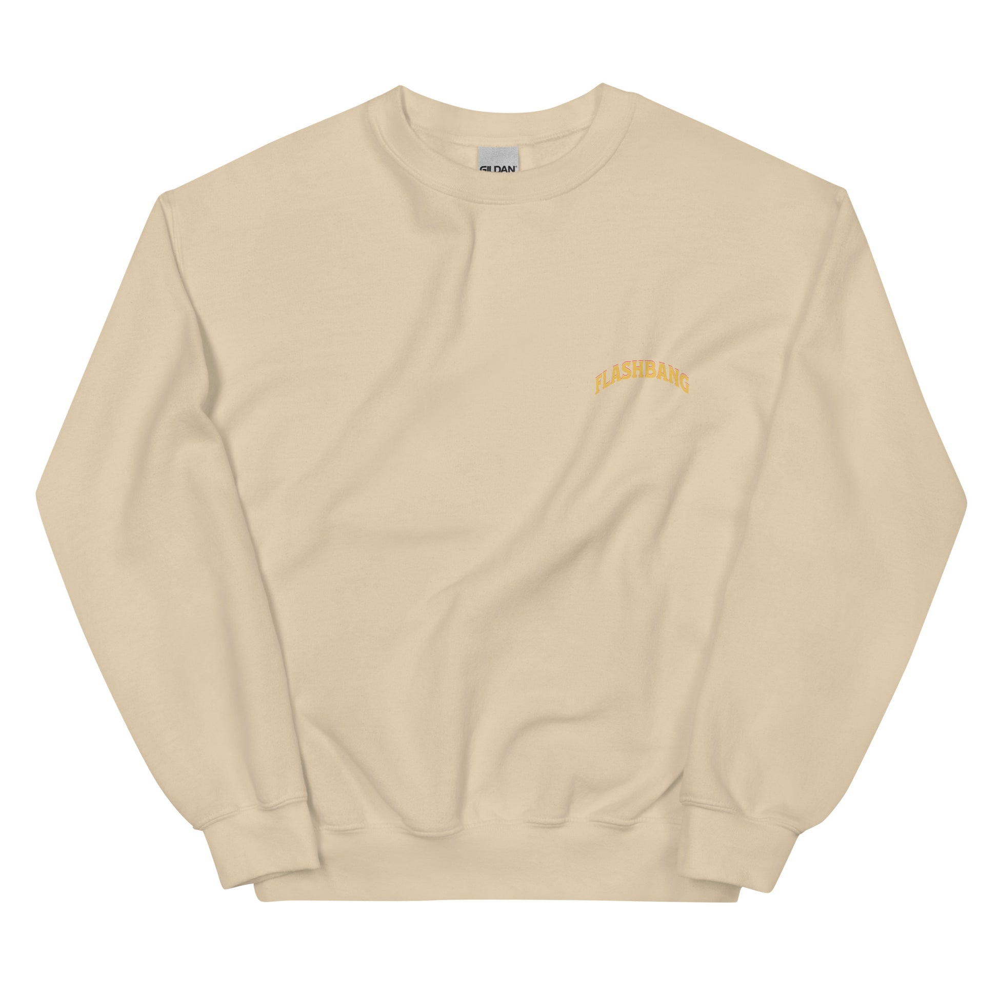 Beige sweatshirt with a small logo on the chest against a white background